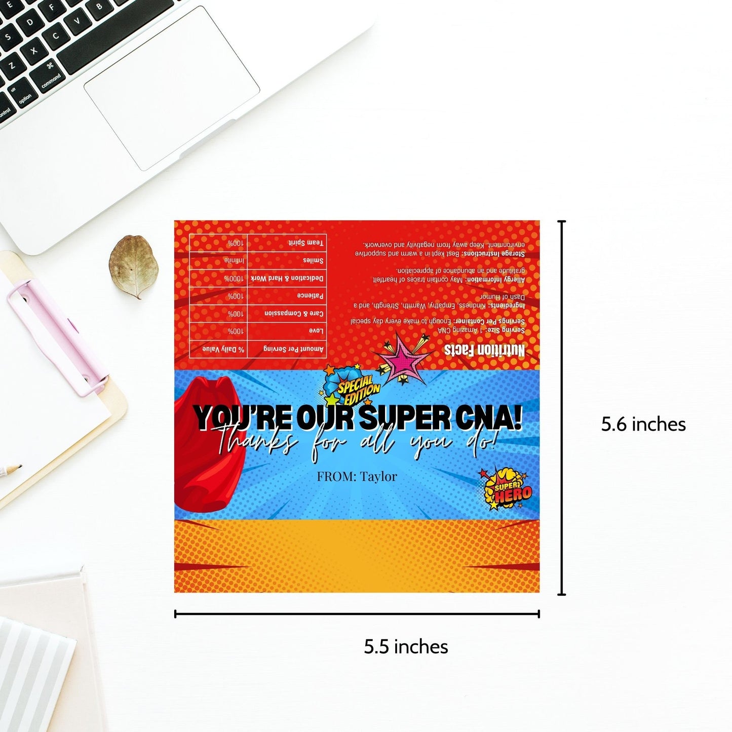 Printable chocolate bar wrapper for CNA Week with a colorful comic-book style design, reading Youre our Super CNA! Thanks for all you do! in bold text.
