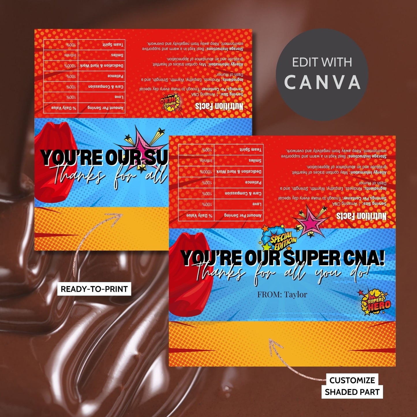 Printable chocolate bar wrapper for CNA Week with a colorful comic-book style design, reading Youre our Super CNA! Thanks for all you do! in bold text.