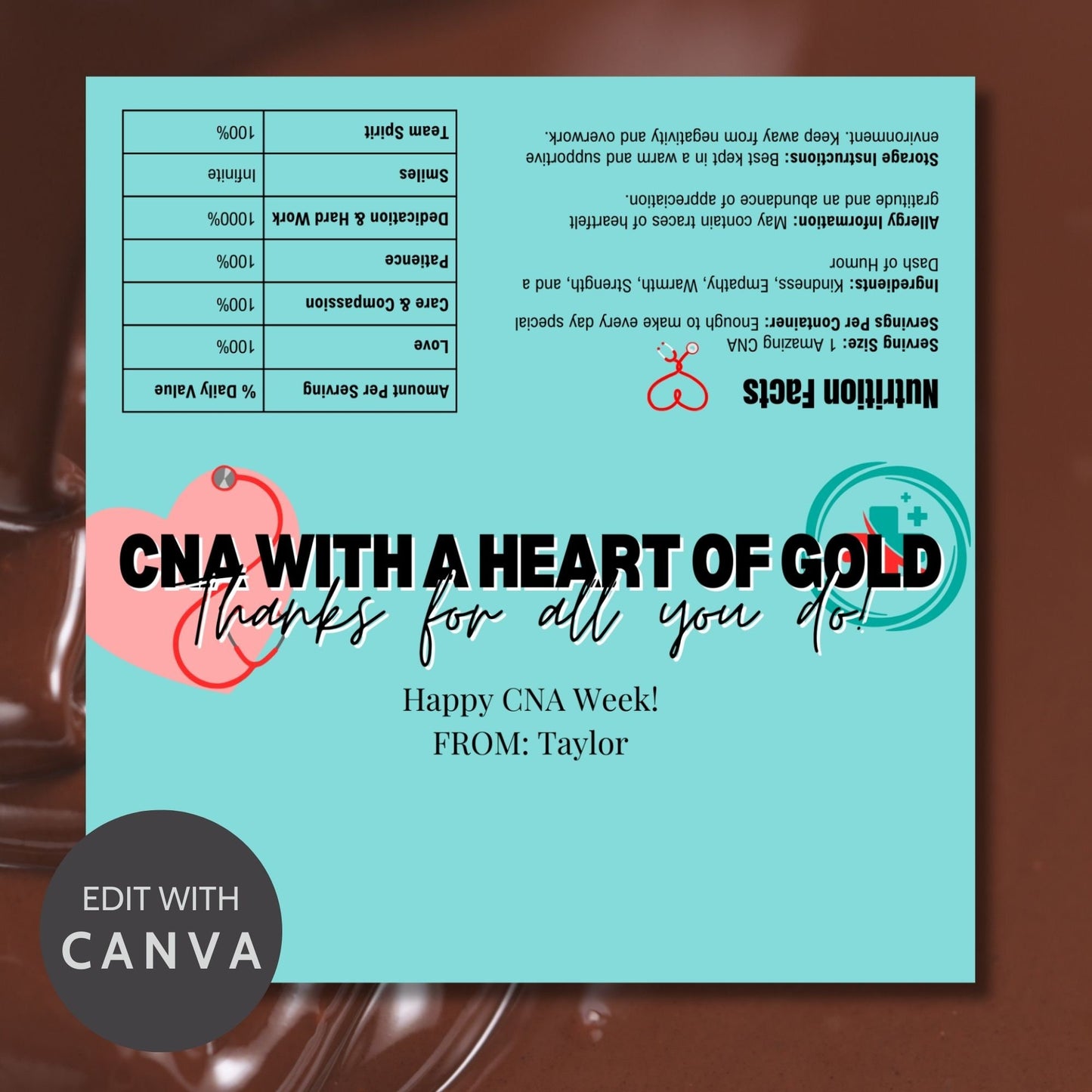 Printable chocolate bar wrapper for CNA Week with a charming pastel design, reading CNA with a Heart of Gold. Thanks for all you do! in bold text.