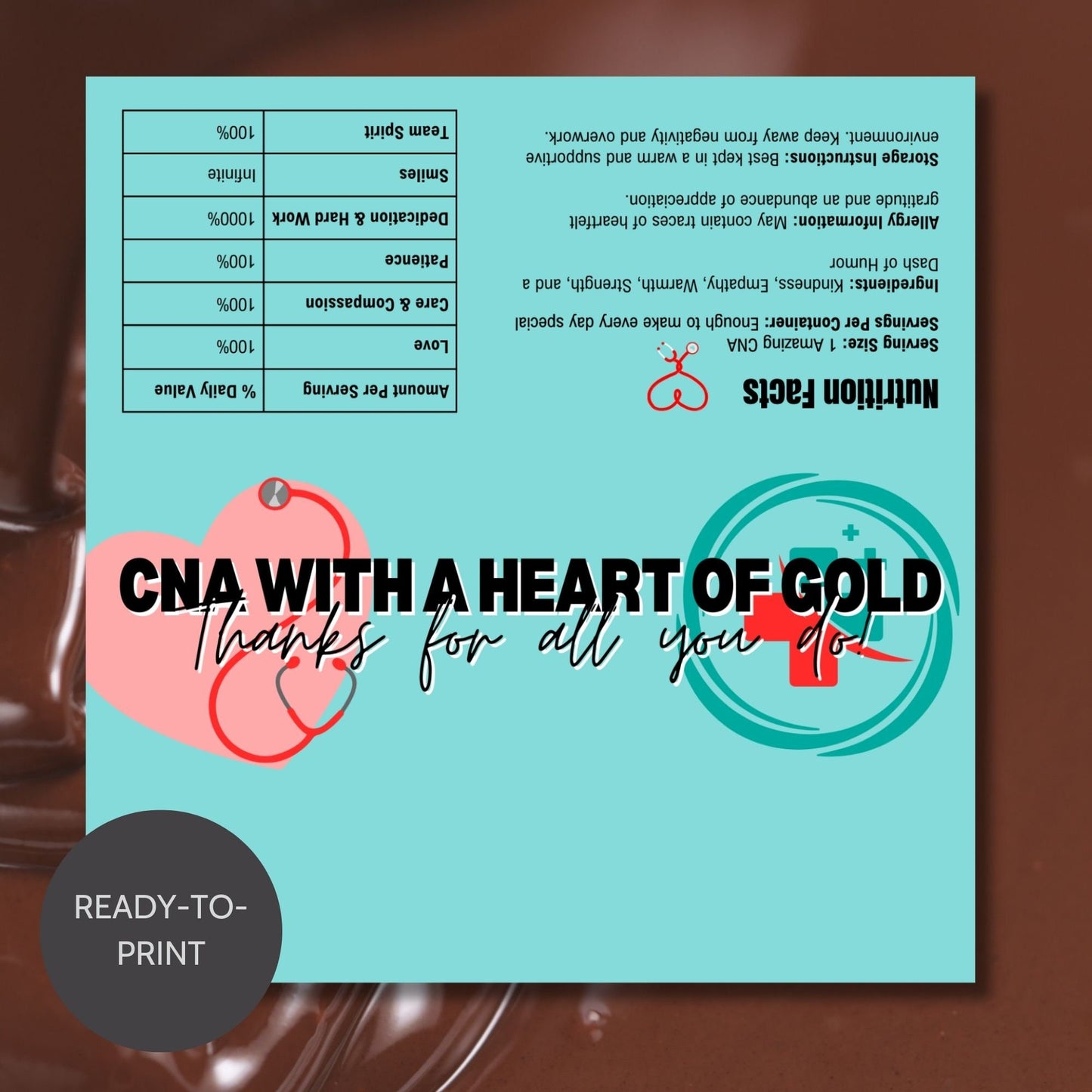Printable chocolate bar wrapper for CNA Week with a charming pastel design, reading CNA with a Heart of Gold. Thanks for all you do! in bold text.