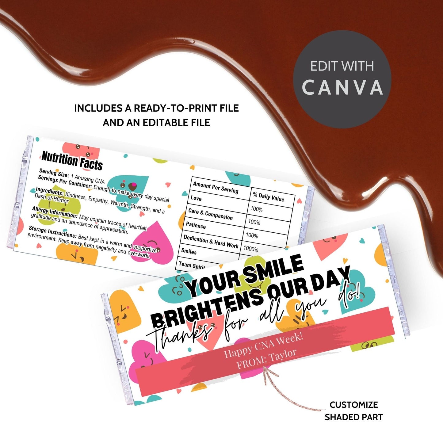 Printable chocolate bar wrapper for CNA Week with a colorful and playful design, reading Your Smile Brightens Our Day. Thanks for all you do! in bold text.