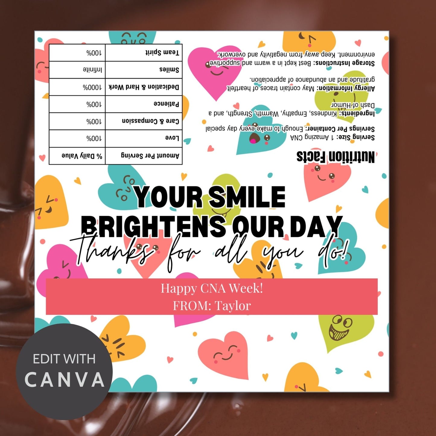 Printable chocolate bar wrapper for CNA Week with a colorful and playful design, reading Your Smile Brightens Our Day. Thanks for all you do! in bold text.