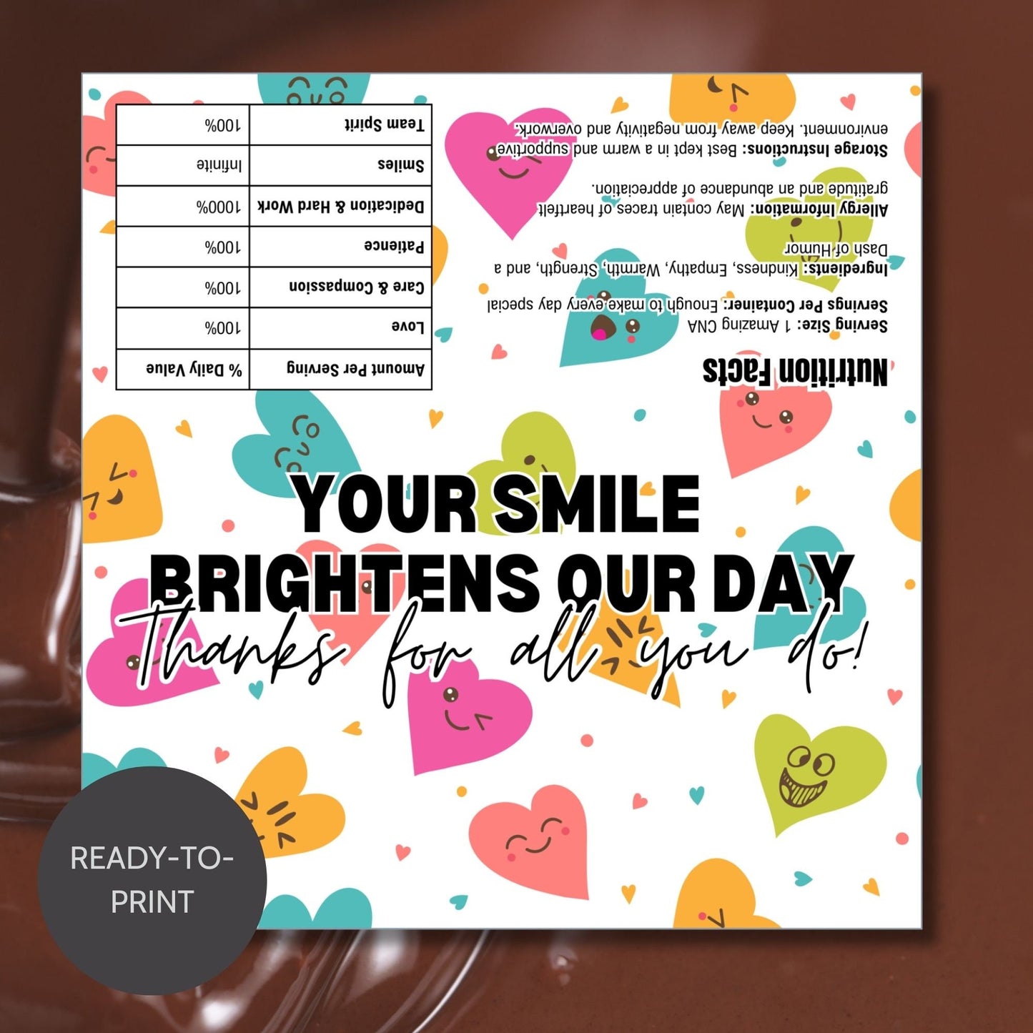 Printable chocolate bar wrapper for CNA Week with a colorful and playful design, reading Your Smile Brightens Our Day. Thanks for all you do! in bold text.