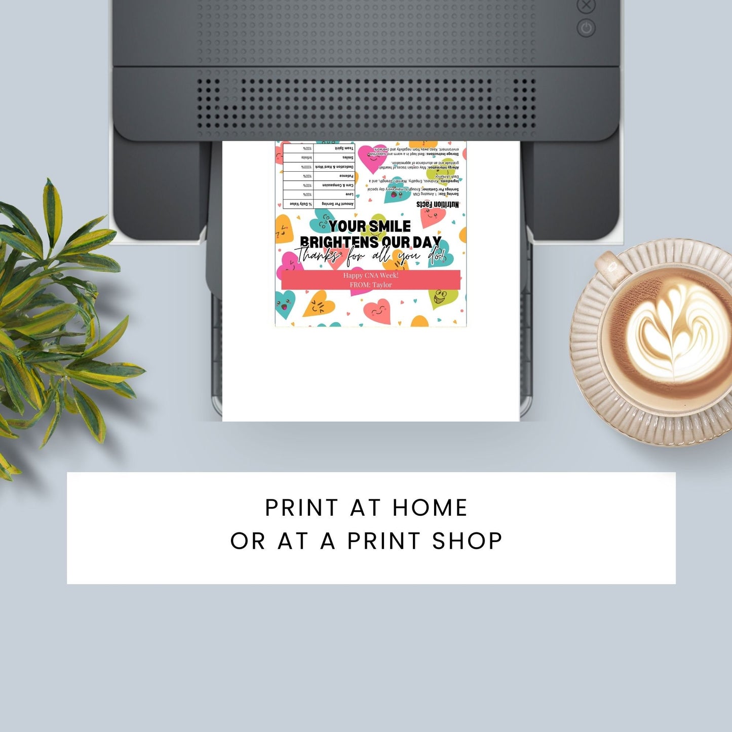 Printable chocolate bar wrapper for CNA Week with a colorful and playful design, reading Your Smile Brightens Our Day. Thanks for all you do! in bold text.