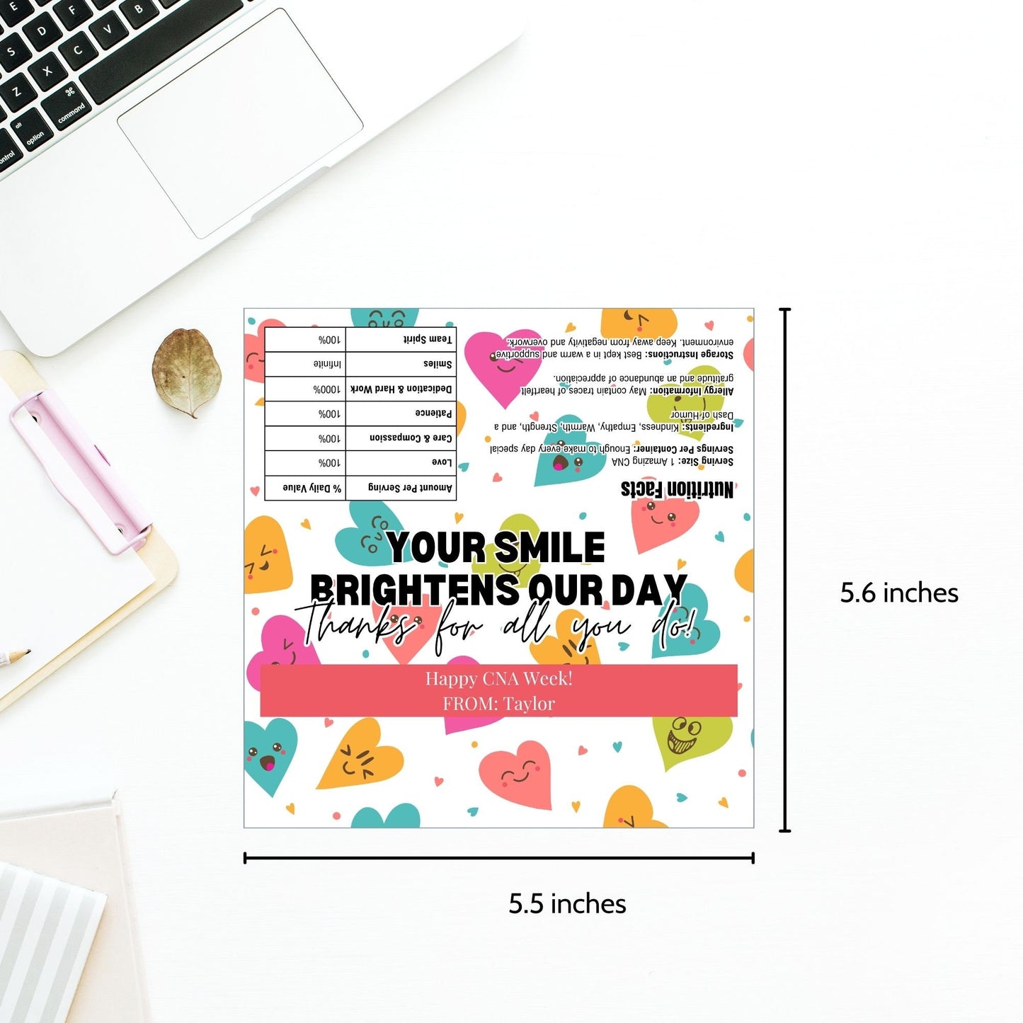 Printable chocolate bar wrapper for CNA Week with a colorful and playful design, reading Your Smile Brightens Our Day. Thanks for all you do! in bold text.