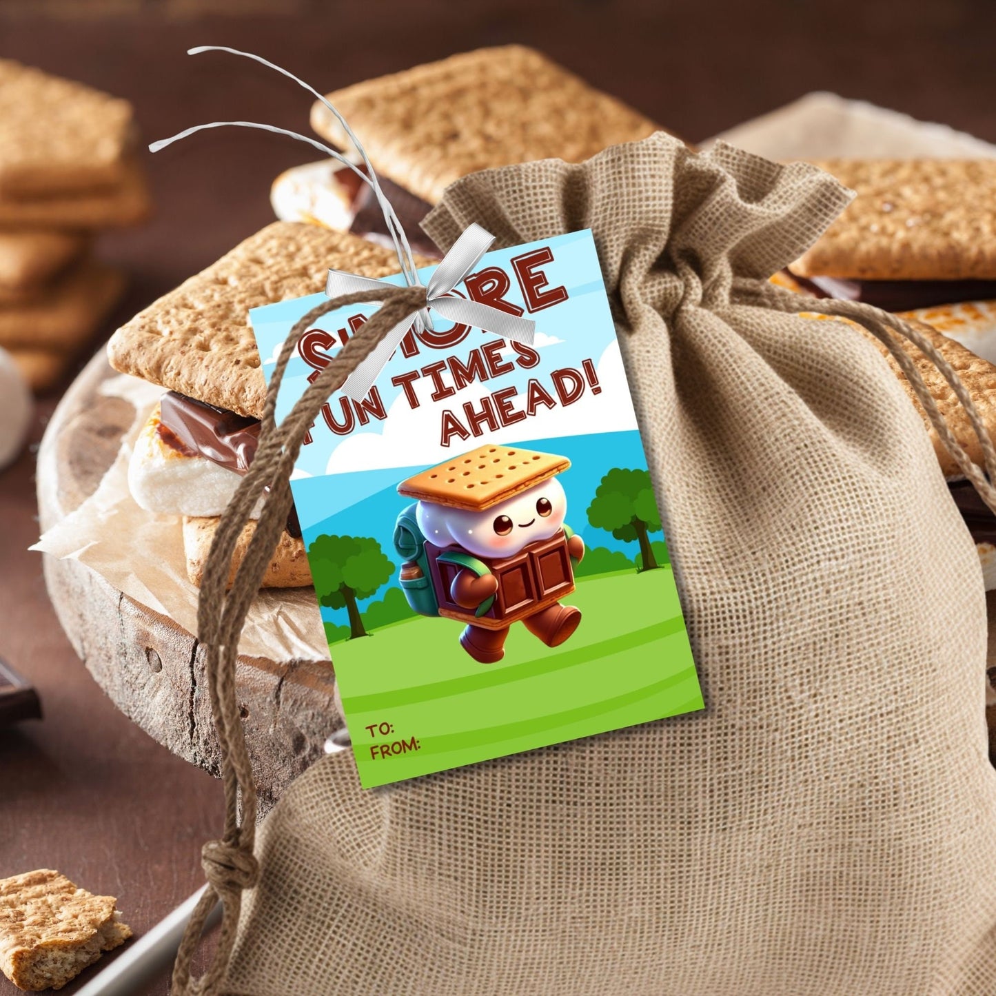 Fun summer gift tags featuring a cute smore character with a backpack and the text Smore Fun Times Ahead! Thanks for a Sweet Year! Enjoy the Summer! Personalize with names.