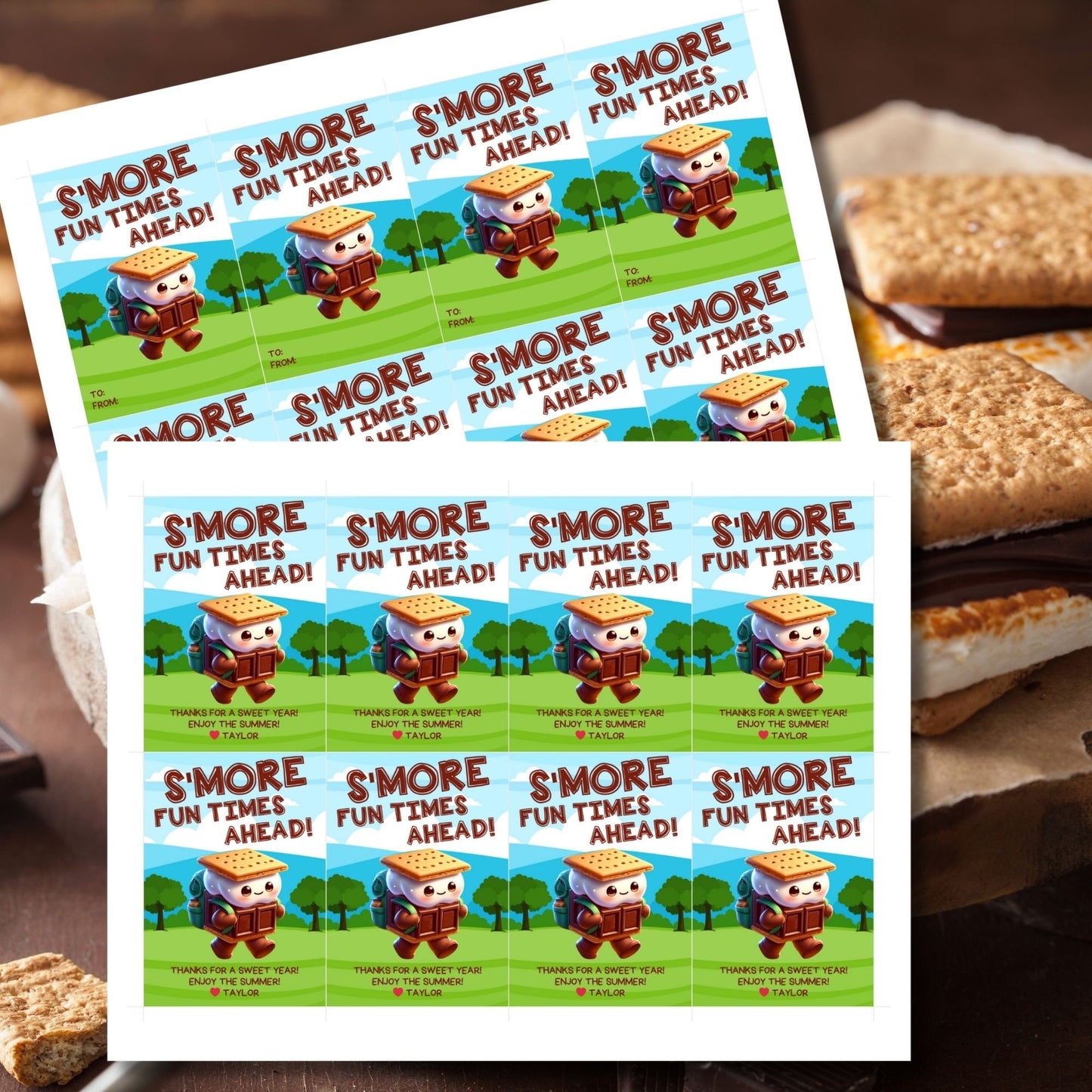 Fun summer gift tags featuring a cute smore character with a backpack and the text Smore Fun Times Ahead! Thanks for a Sweet Year! Enjoy the Summer! Personalize with names.