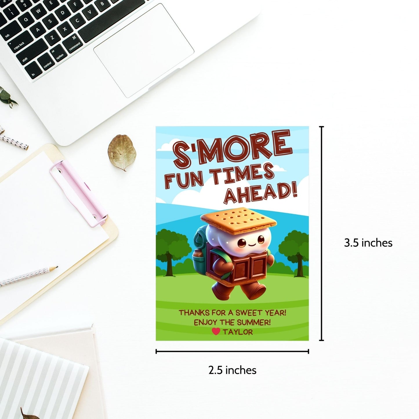 Fun summer gift tags featuring a cute smore character with a backpack and the text Smore Fun Times Ahead! Thanks for a Sweet Year! Enjoy the Summer! Personalize with names.