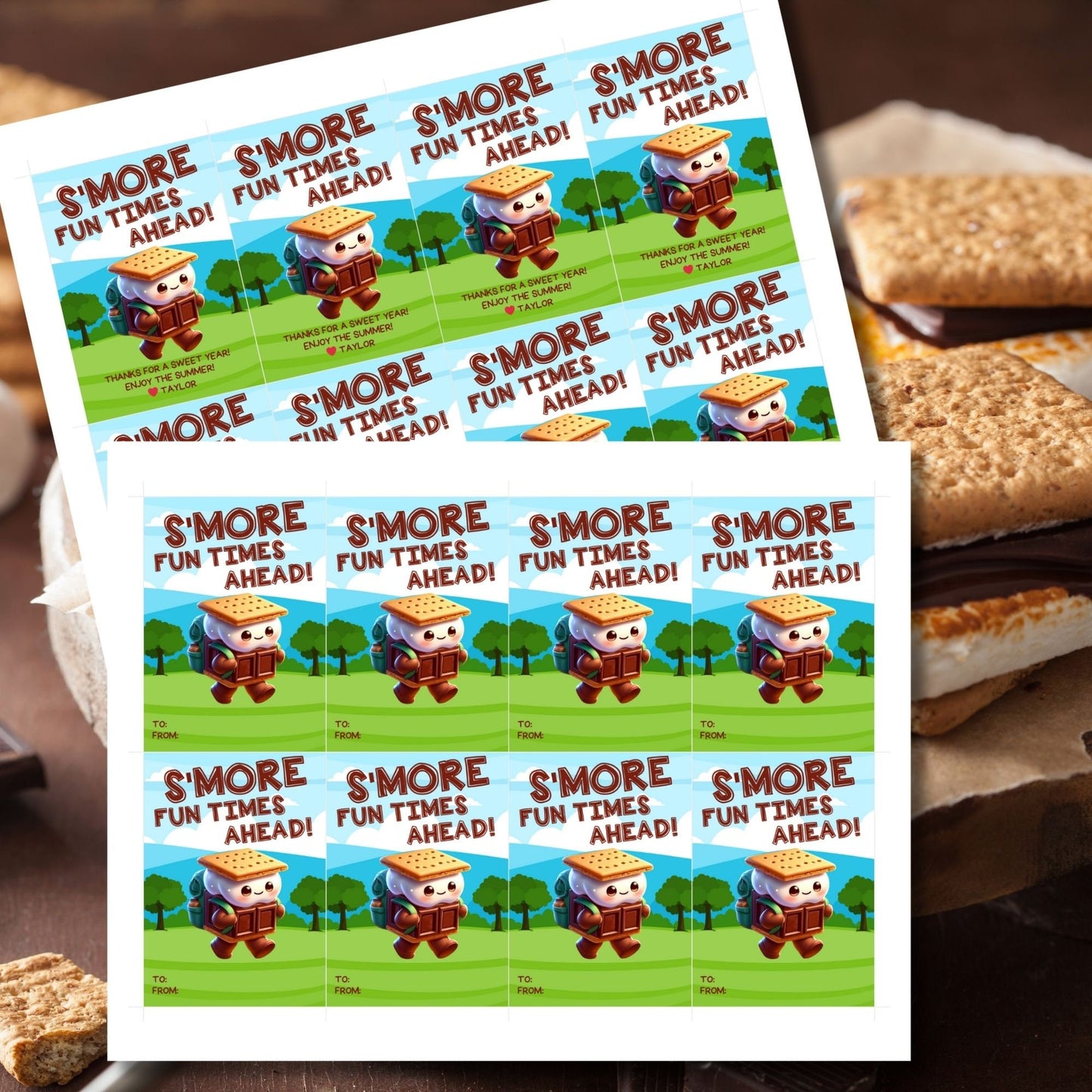 Fun summer gift tags featuring a cute smore character with a backpack and the text Smore Fun Times Ahead! Thanks for a Sweet Year! Enjoy the Summer! Personalize with names.