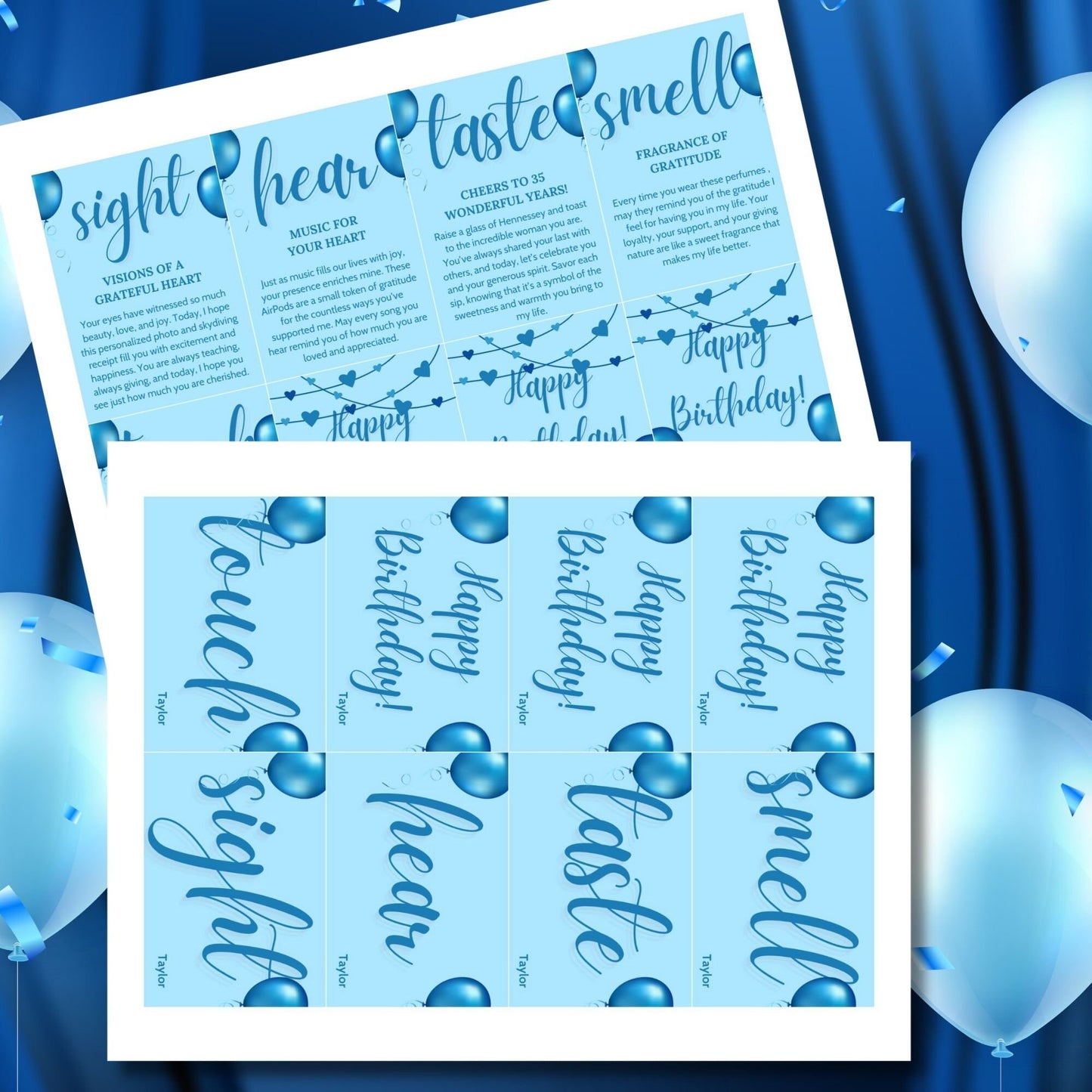 Elegant and customizable 5 Senses Birthday Gift Tags for teachers, nurses, employees, staff, bus drivers, and admin. Includes a PDF with an editable Canva template. Double-sided design with personalized descriptions and recipients name.