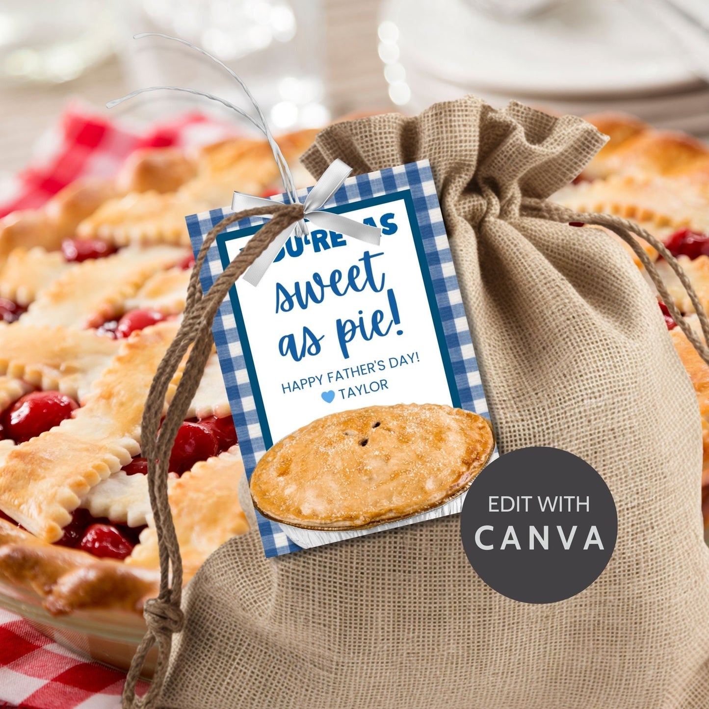 Eight pie-themed Fathers Day gift tags displayed in two rows of four. Each tag features a message about dad being as sweet as pie, with a customizable name slot and an illustration of a delicious pie.