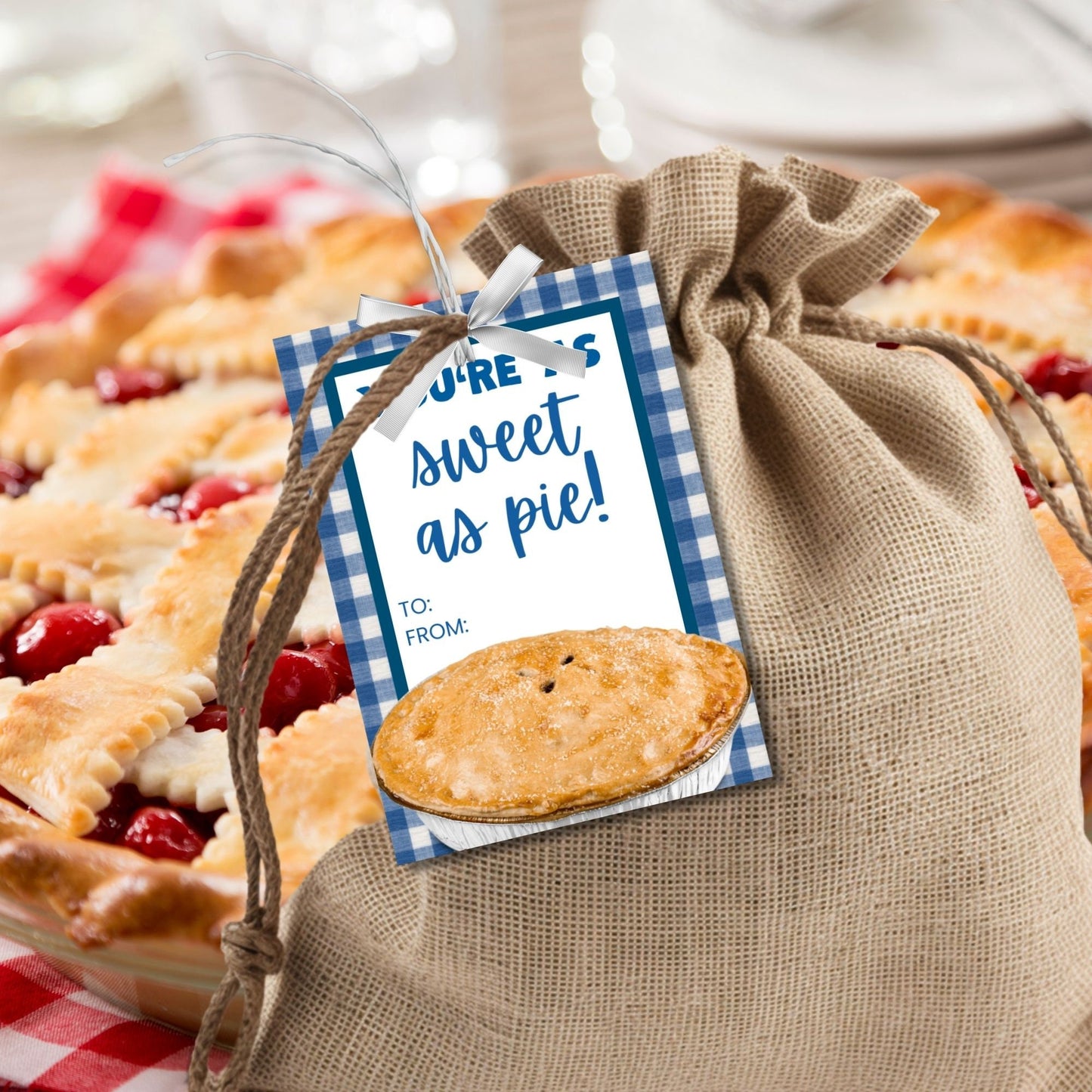 Eight pie-themed Fathers Day gift tags displayed in two rows of four. Each tag features a message about dad being as sweet as pie, with a customizable name slot and an illustration of a delicious pie.