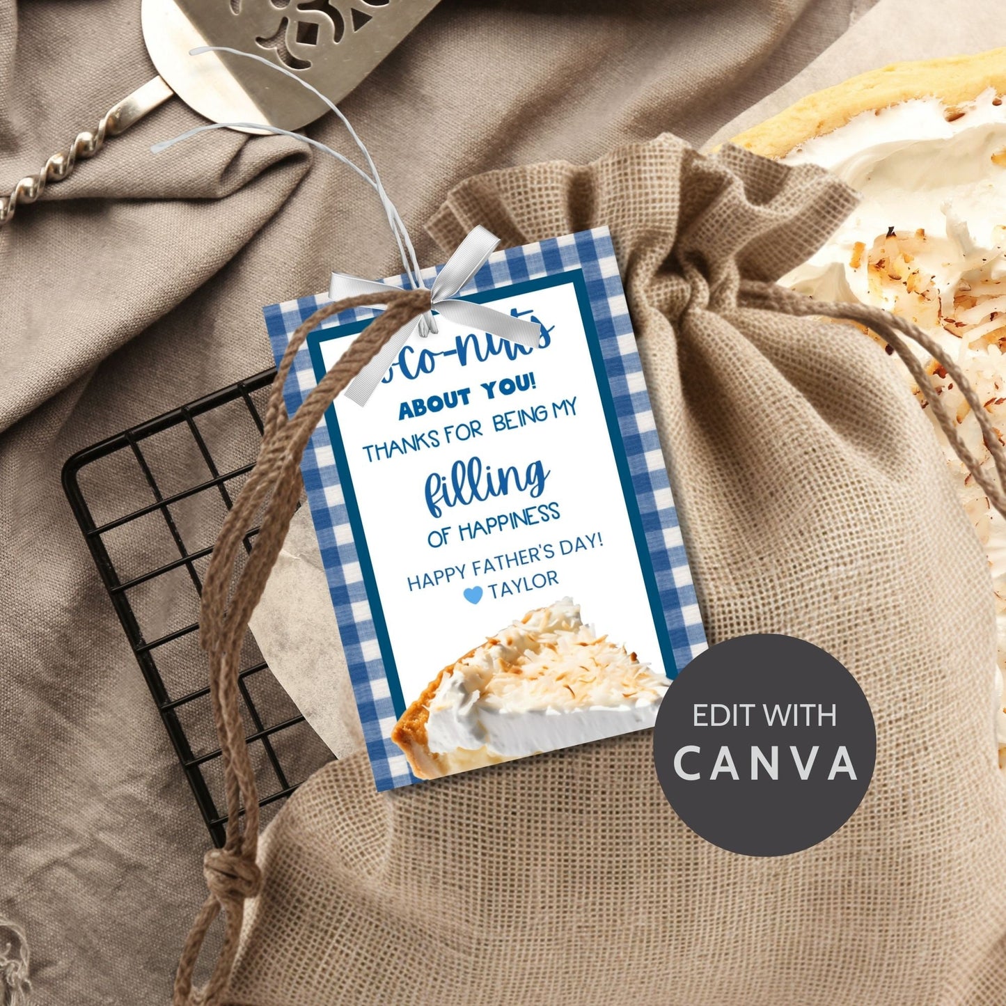 Eight coconut pie-themed Fathers Day gift tags displayed in two rows of four. Each tag features a message about dad being coco-nuts about you and filling of happiness, with a customizable name slot and an illustration of a slice of coconut pie.
