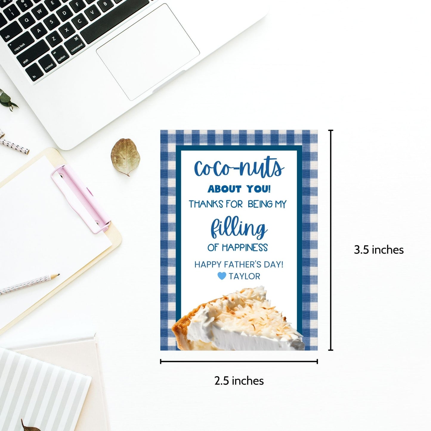 Eight coconut pie-themed Fathers Day gift tags displayed in two rows of four. Each tag features a message about dad being coco-nuts about you and filling of happiness, with a customizable name slot and an illustration of a slice of coconut pie.