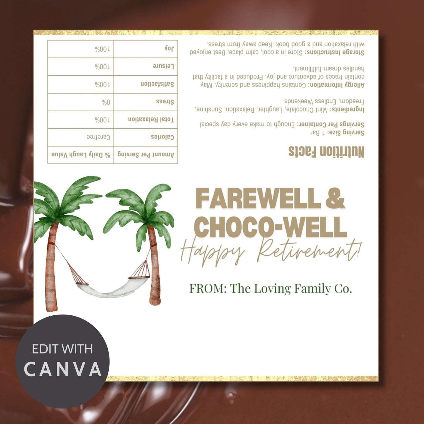 Chocolate bar wrapper with a beach hammock theme, featuring palm trees and the text Farewell & Choco-Well: Happy Retirement.