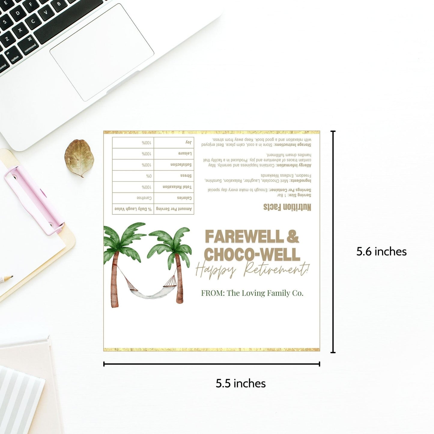 Chocolate bar wrapper with a beach hammock theme, featuring palm trees and the text Farewell & Choco-Well: Happy Retirement.