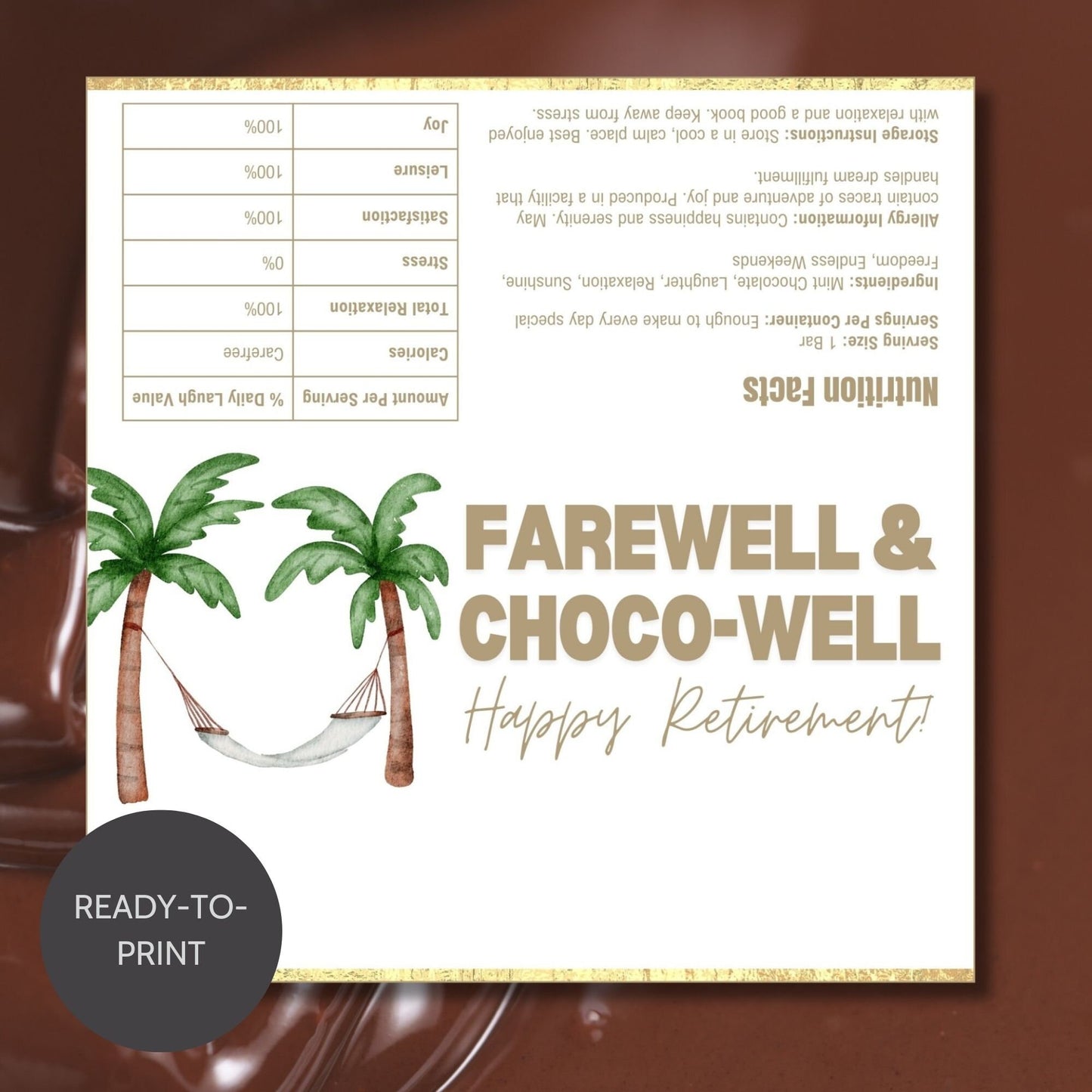 Chocolate bar wrapper with a beach hammock theme, featuring palm trees and the text Farewell & Choco-Well: Happy Retirement.