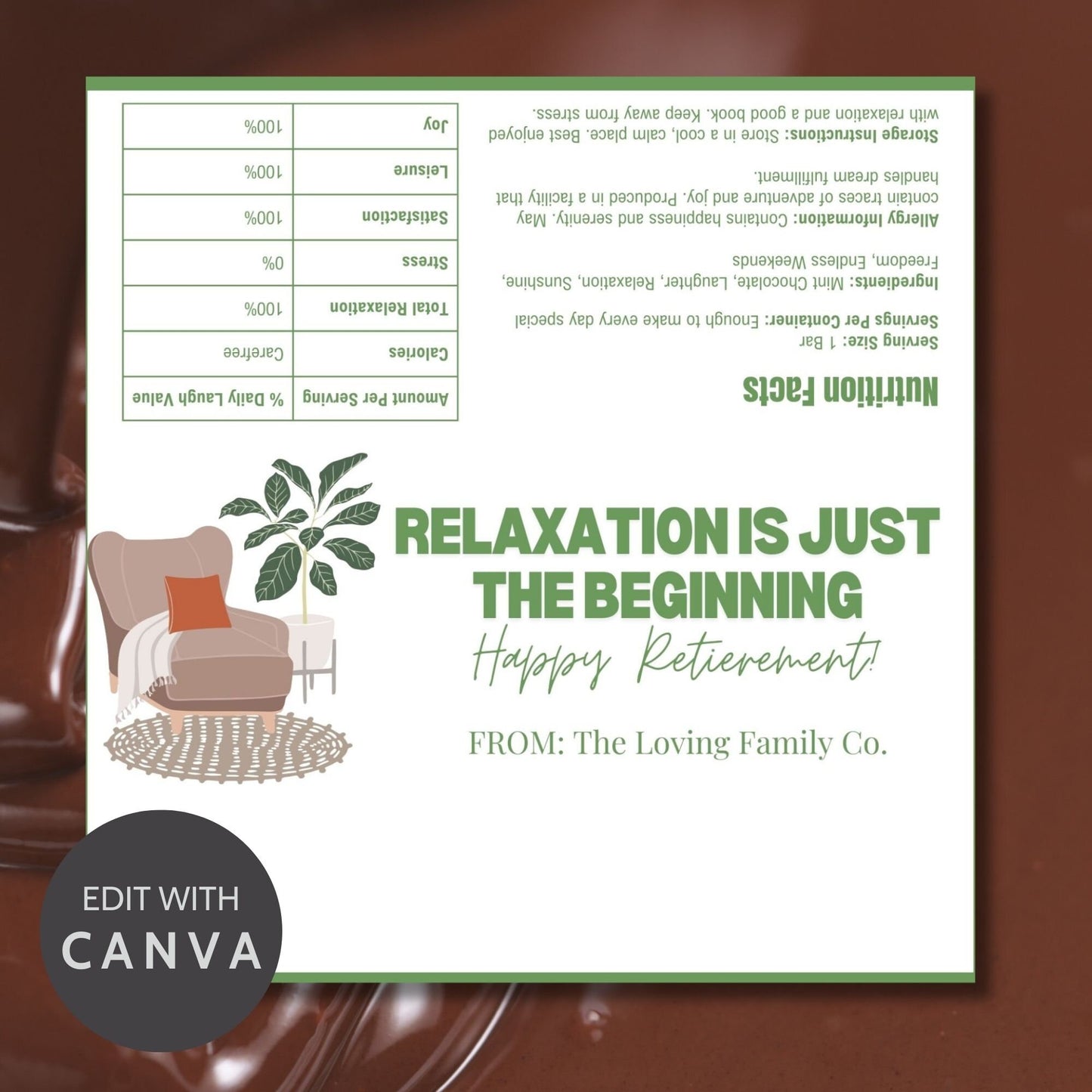 Chocolate bar wrapper with a cozy relaxation theme, featuring a comfy chair and plant, and the text Relaxation is Just the Beginning: Happy Retirement.