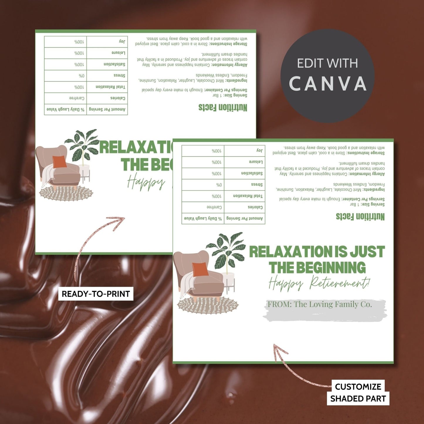 Chocolate bar wrapper with a cozy relaxation theme, featuring a comfy chair and plant, and the text Relaxation is Just the Beginning: Happy Retirement.