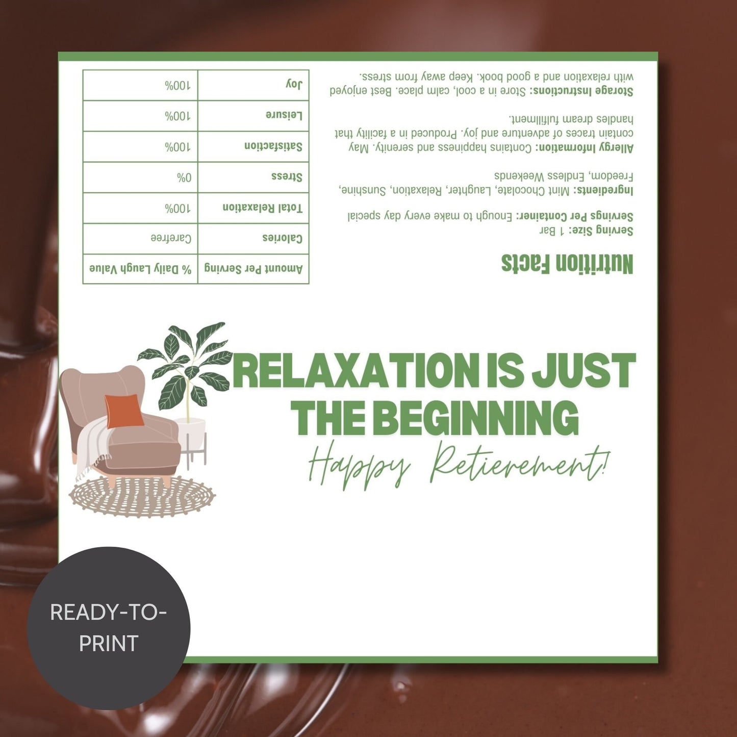 Chocolate bar wrapper with a cozy relaxation theme, featuring a comfy chair and plant, and the text Relaxation is Just the Beginning: Happy Retirement.