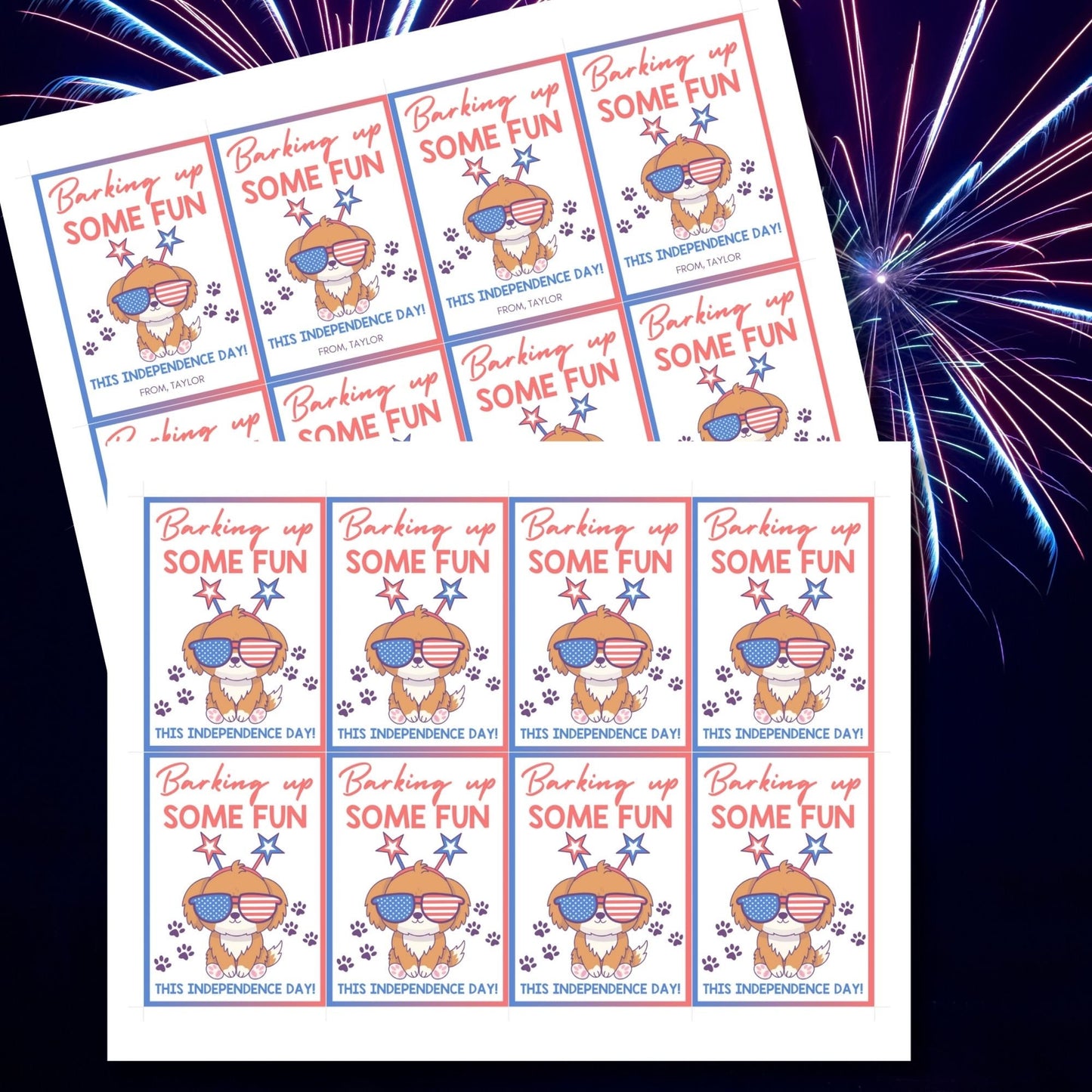 Festive 4th of July printable gift tags featuring patriotic colors, a cute dog with star glasses, and the message Barking Up Some Fun This Independence Day! Perfect for party favors and gifts.