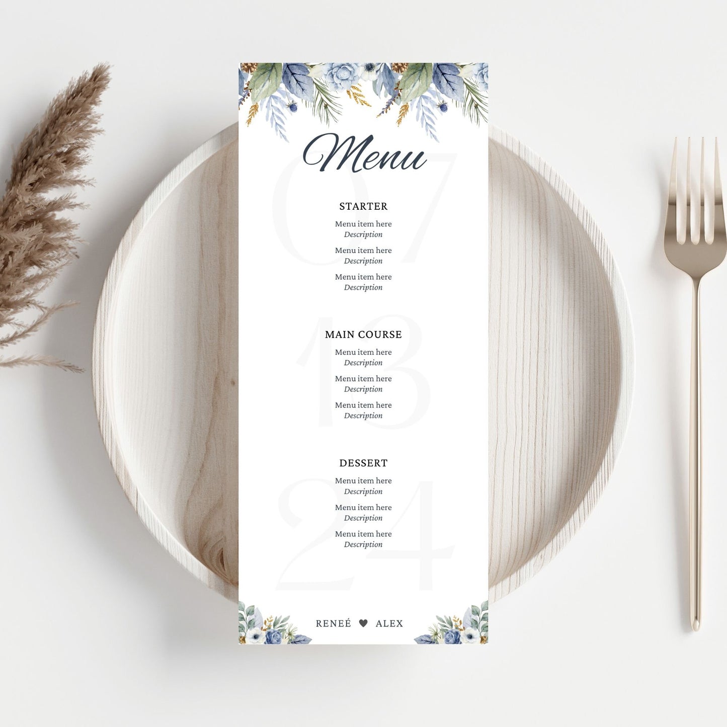 Editable wedding menu template featuring a floral design, sized at 3.65 x 8.5 inches. Perfect for weddings and receptions, this printable menu allows you to customize the text to fit your special day.