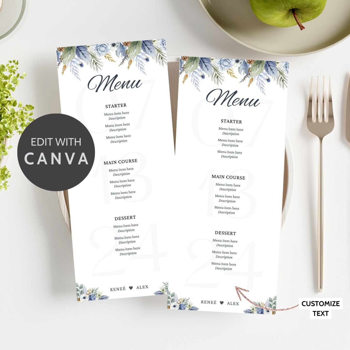 Editable wedding menu template featuring a floral design, sized at 3.65 x 8.5 inches. Perfect for weddings and receptions, this printable menu allows you to customize the text to fit your special day.