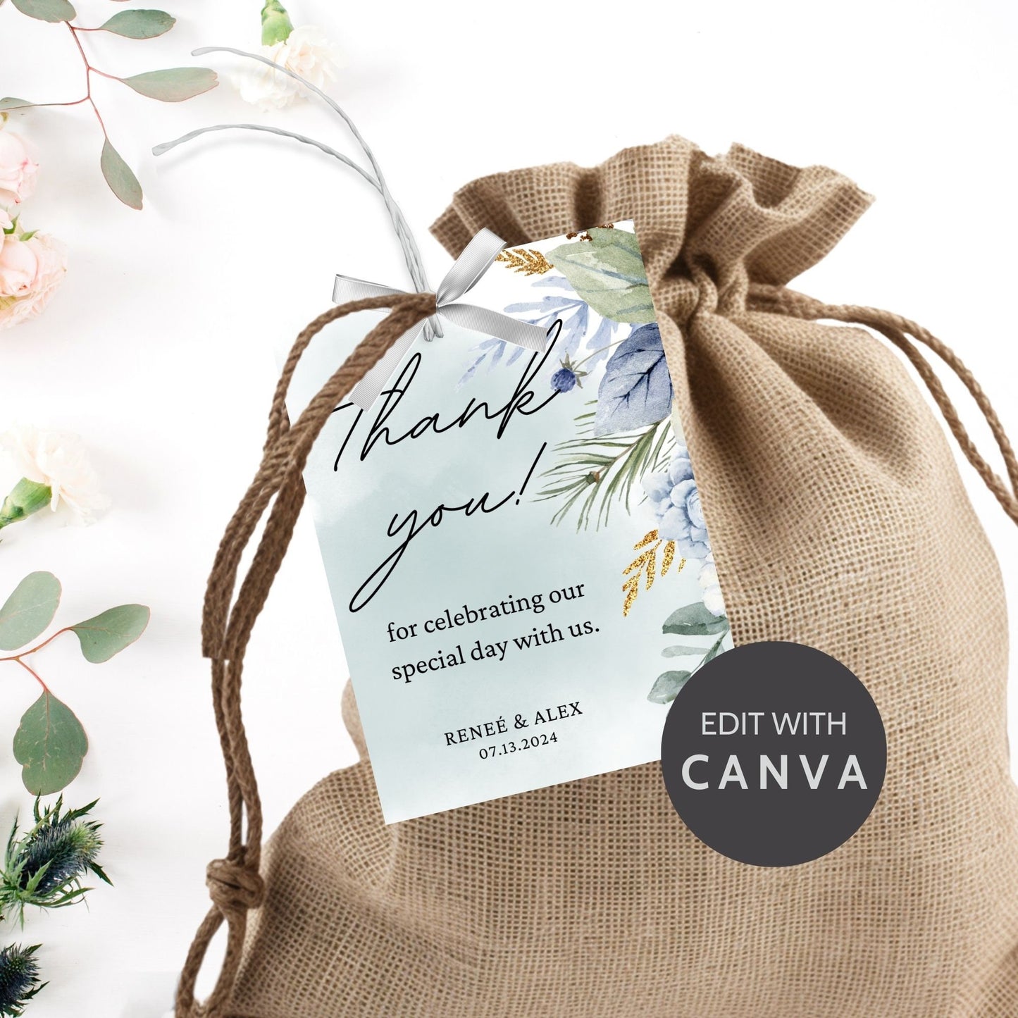 Elegant wedding thank you card template with customizable text fields. Features a beautiful floral design in blue and green tones. Sized 2.5 x 3.5 inches.