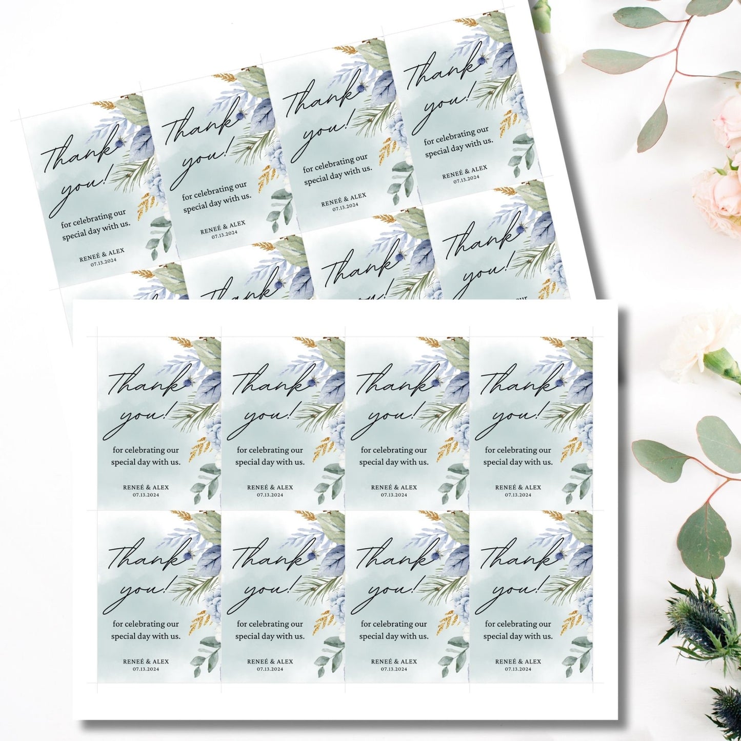 Elegant wedding thank you card template with customizable text fields. Features a beautiful floral design in blue and green tones. Sized 2.5 x 3.5 inches.