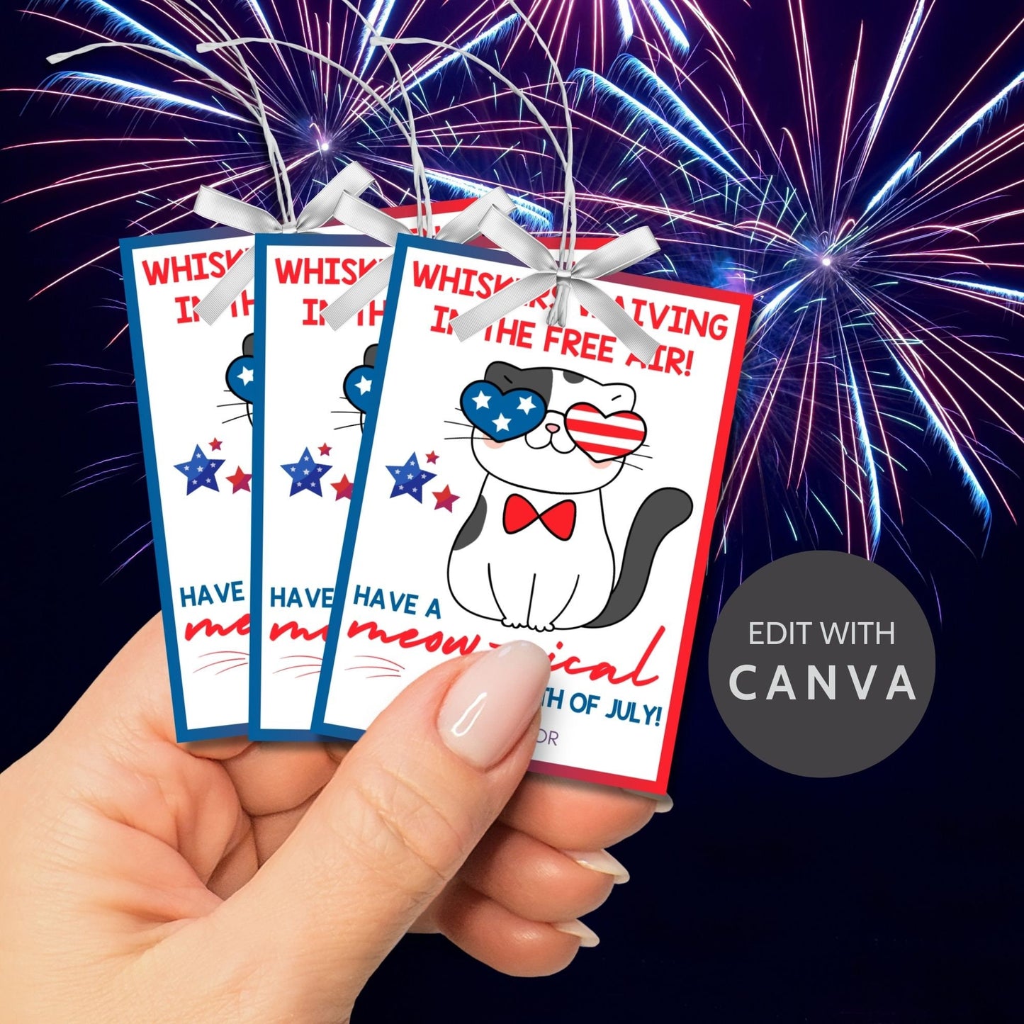 Festive 4th of July printable gift tags featuring patriotic colors, a cute cat with American flag glasses, and the message Whiskers Waiving in the Free Air! Have a Meow-gical 4th of July! Perfect for party favors and gifts.