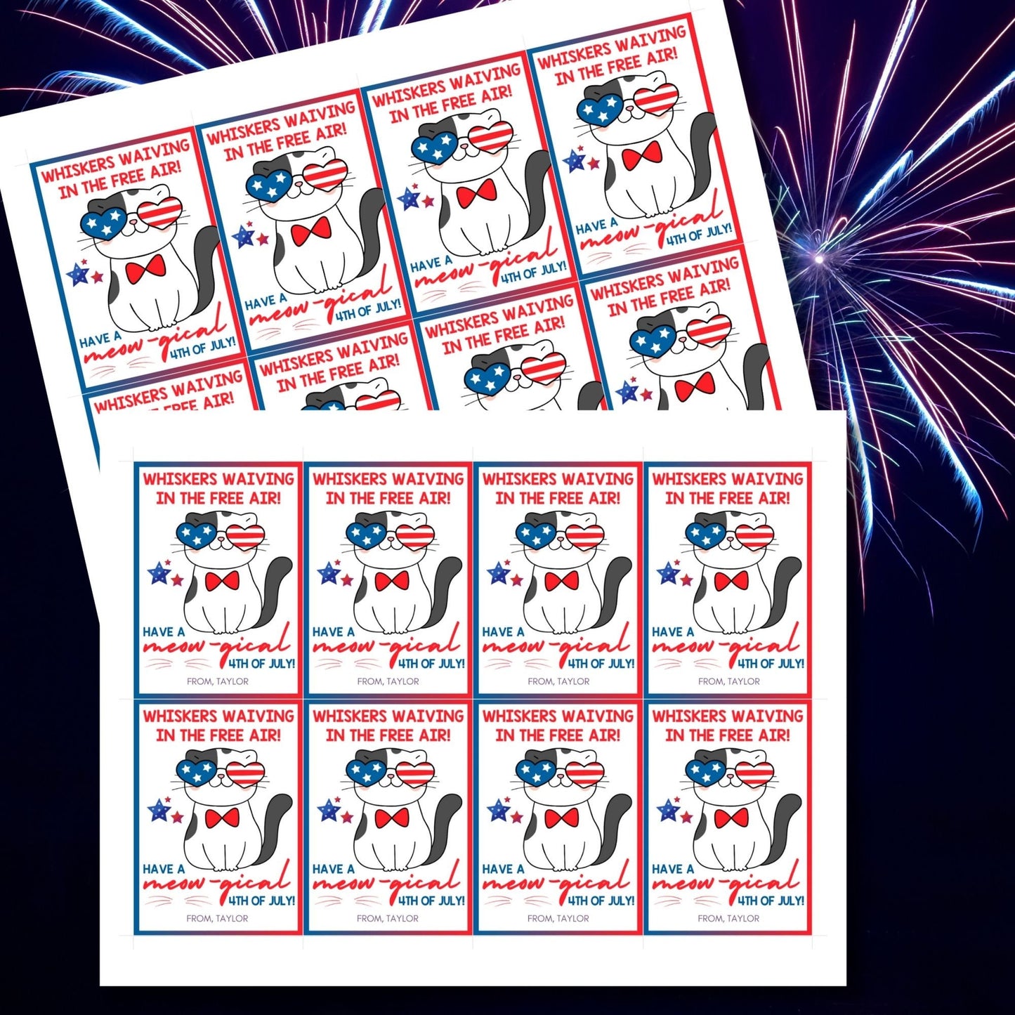 Festive 4th of July printable gift tags featuring patriotic colors, a cute cat with American flag glasses, and the message Whiskers Waiving in the Free Air! Have a Meow-gical 4th of July! Perfect for party favors and gifts.