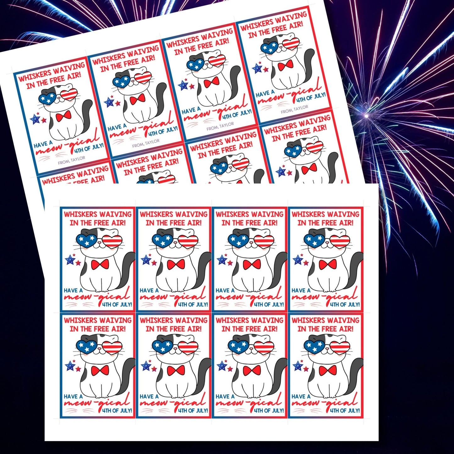 Festive 4th of July printable gift tags featuring patriotic colors, a cute cat with American flag glasses, and the message Whiskers Waiving in the Free Air! Have a Meow-gical 4th of July! Perfect for party favors and gifts.