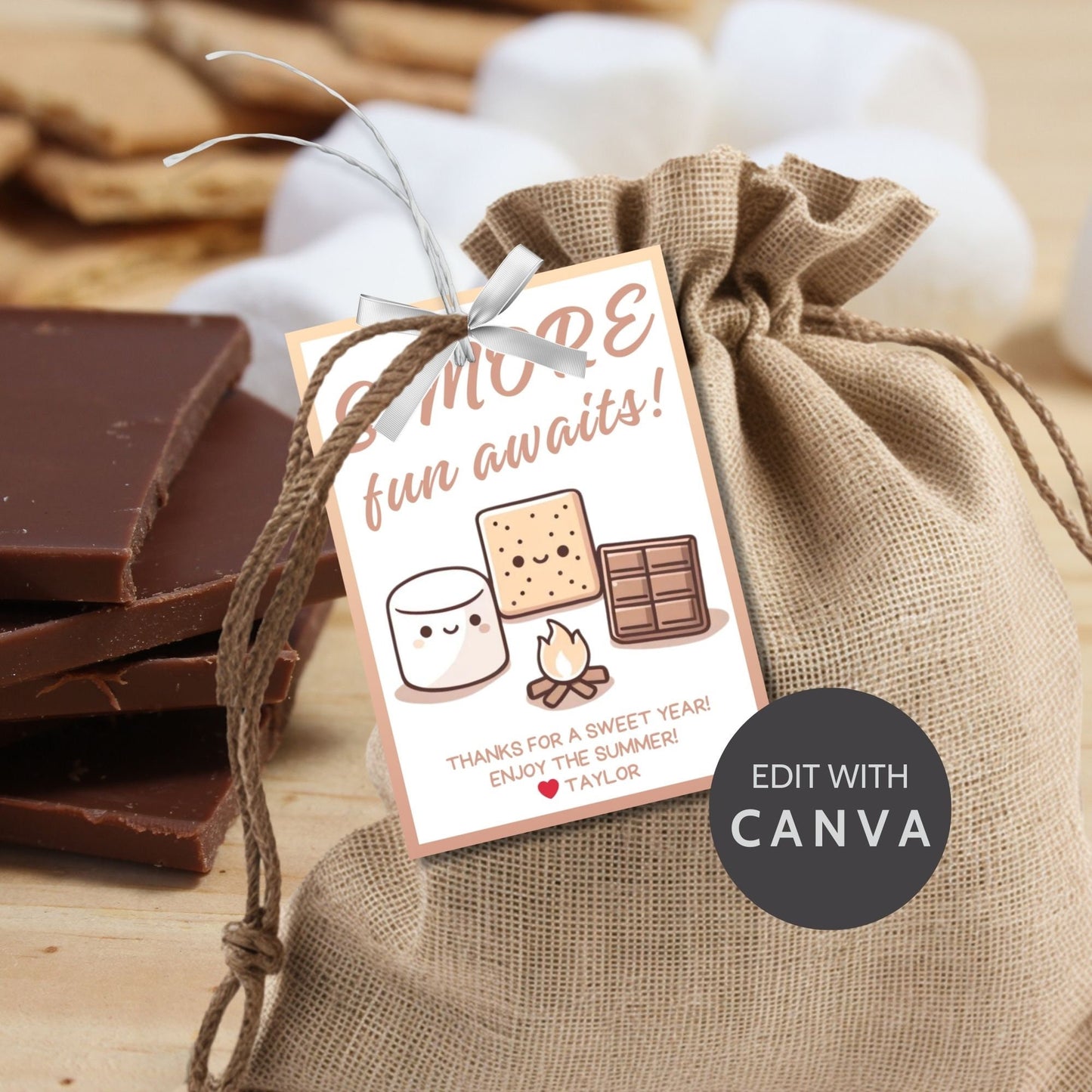Fun summer gift tags featuring s'more ingredients (marshmallow, graham cracker, chocolate) with the text Smore Fun Awaits! Thanks for a Sweet Year! Enjoy the Summer! Personalize with names.