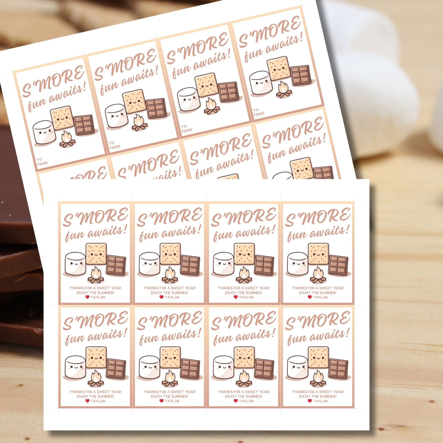 Fun summer gift tags featuring s'more ingredients (marshmallow, graham cracker, chocolate) with the text Smore Fun Awaits! Thanks for a Sweet Year! Enjoy the Summer! Personalize with names.