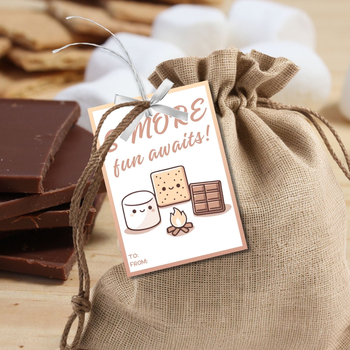 Fun summer gift tags featuring s'more ingredients (marshmallow, graham cracker, chocolate) with the text Smore Fun Awaits! Thanks for a Sweet Year! Enjoy the Summer! Personalize with names.
