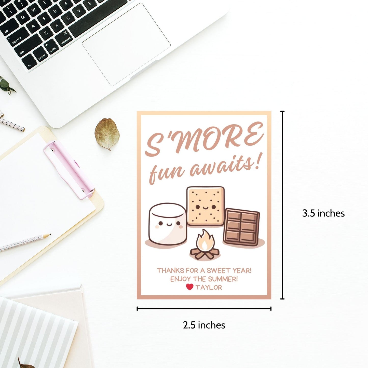 Fun summer gift tags featuring s'more ingredients (marshmallow, graham cracker, chocolate) with the text Smore Fun Awaits! Thanks for a Sweet Year! Enjoy the Summer! Personalize with names.