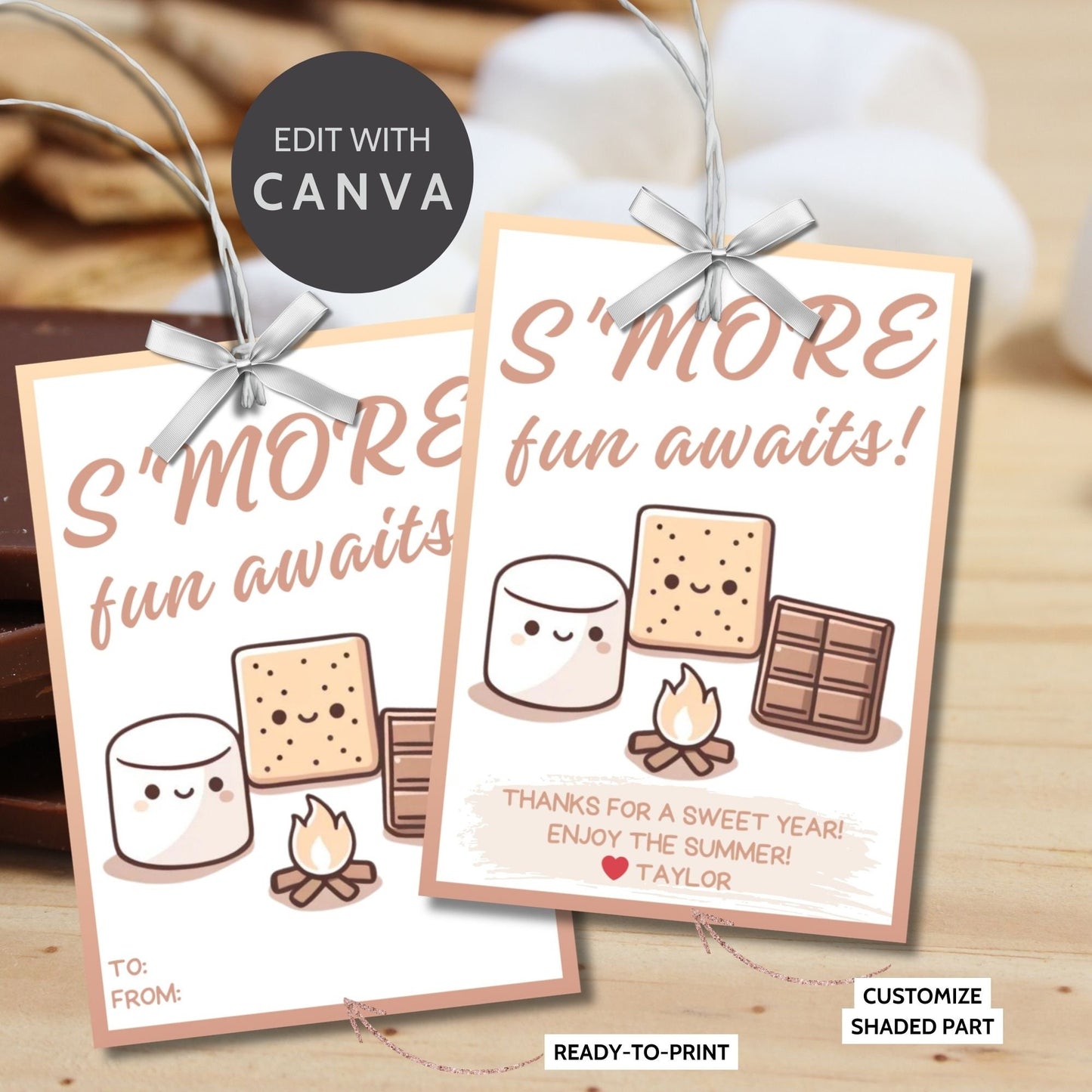 Fun summer gift tags featuring s'more ingredients (marshmallow, graham cracker, chocolate) with the text Smore Fun Awaits! Thanks for a Sweet Year! Enjoy the Summer! Personalize with names.