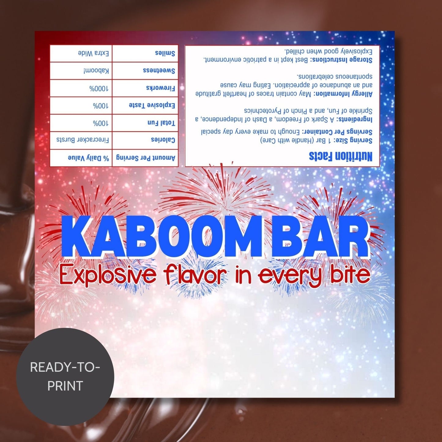 Printable 4th of July chocolate bar wrapper with Kaboom Bar and a fireworks design in red, white, and blue. Includes message Explosive flavor in every bite. Personalizable with Happy 4th!