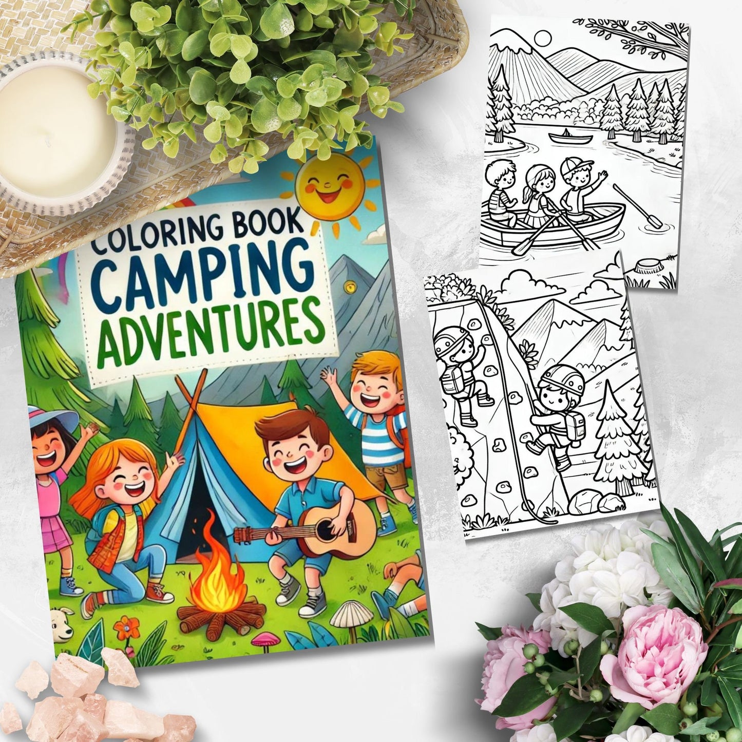 Printable childrens coloring book cover titled Coloring Book Camping Adventures with happy kids enjoying various camping activities, includes 10 pages.