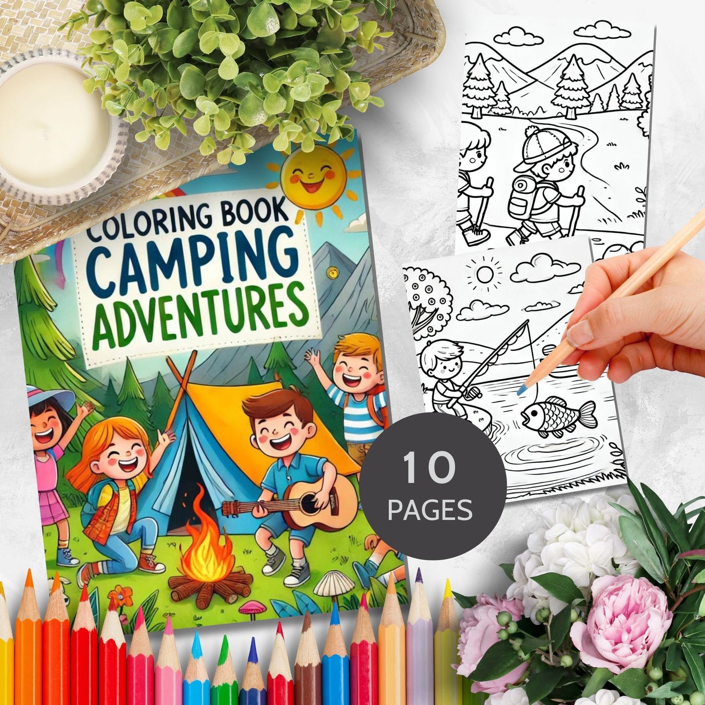 Printable childrens coloring book cover titled Coloring Book Camping Adventures with happy kids enjoying various camping activities, includes 10 pages.