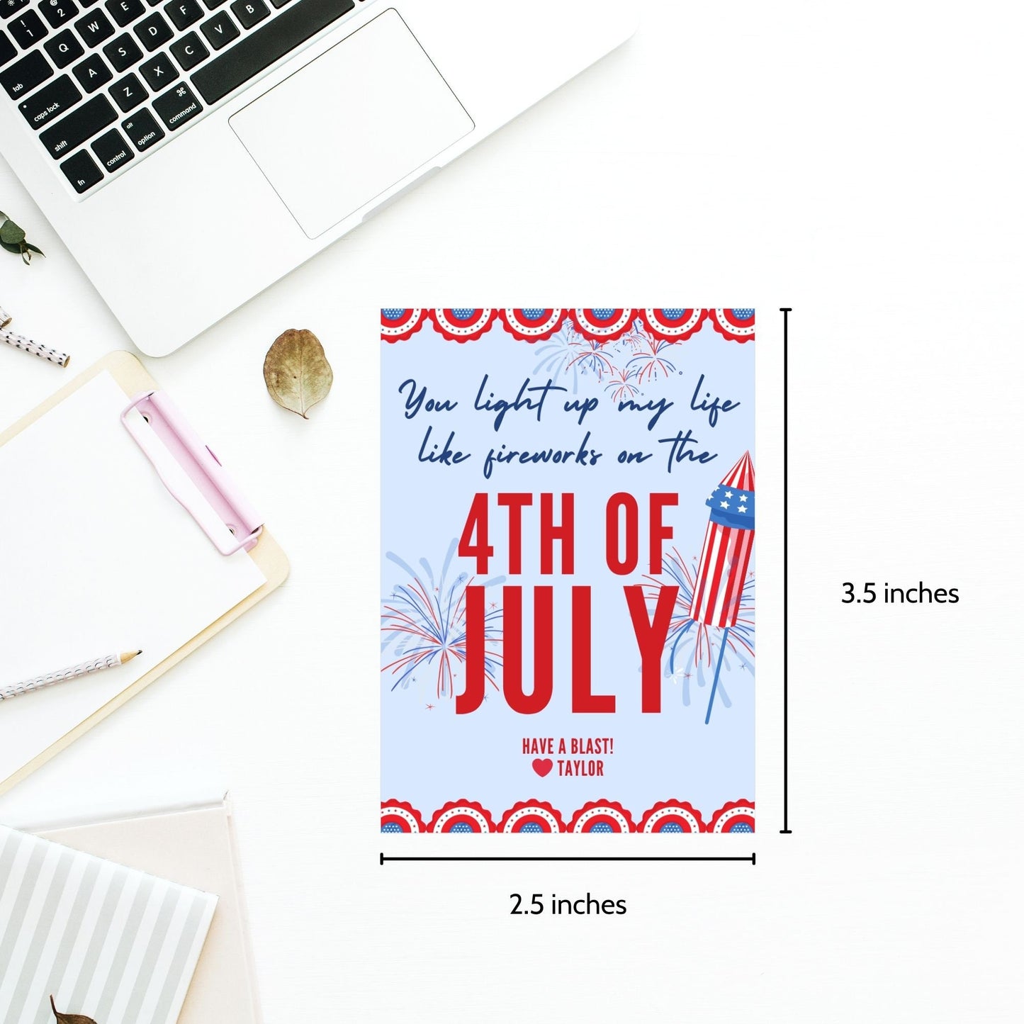 Festive 4th of July printable gift tags featuring patriotic colors, fireworks, and the message You Light Up My Life Like Fireworks on the 4th of July. Have a Blast! Perfect for party favors and gifts.