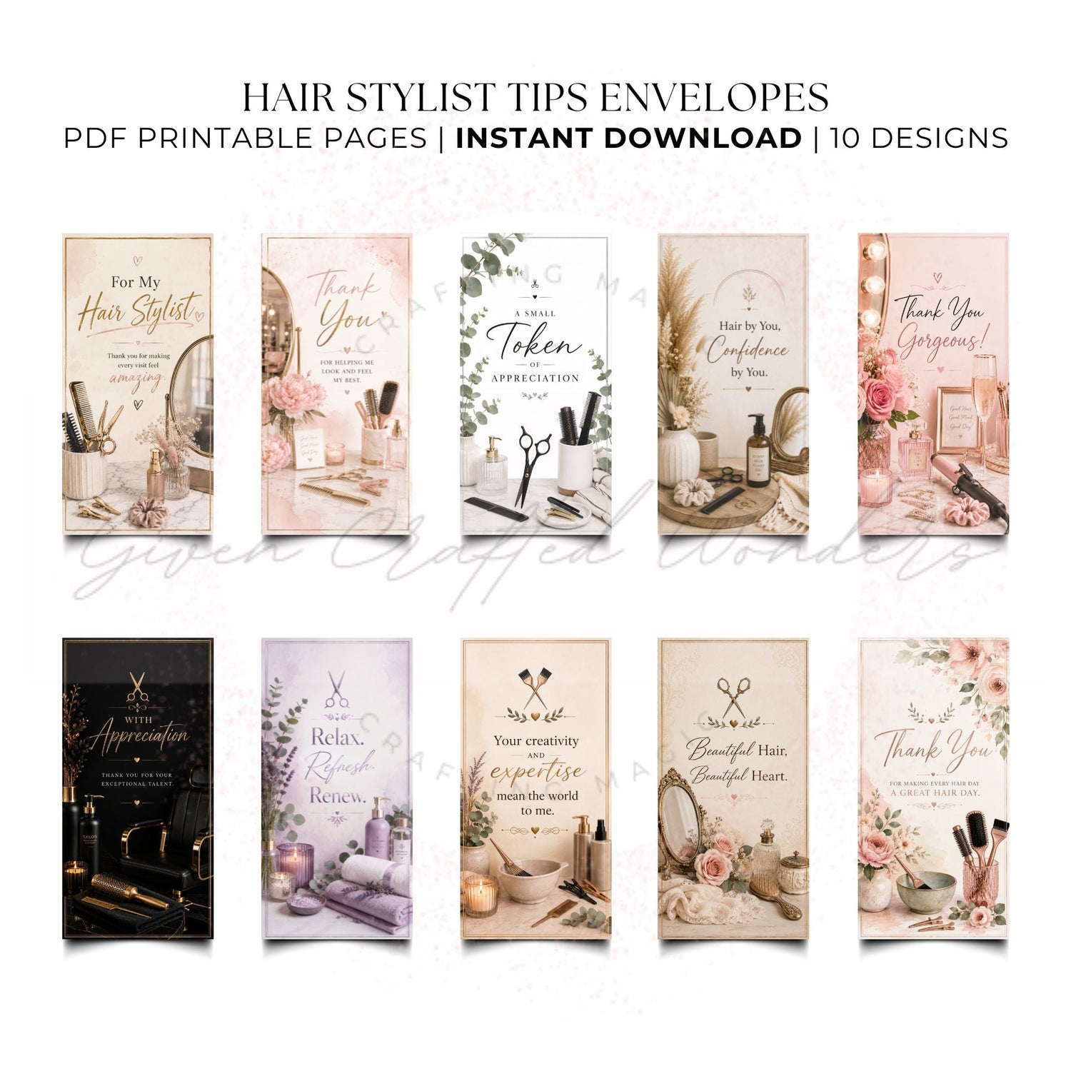 A digital preview sheet showing ten hair stylist tips envelopes in different pastel and dark-themed designs, with text reading 'HAIR STYLIST TIPS ENVELOSES' and 'PDF PRINTABLE PAGES | INSTANT DOWNLOAD | 10 DESIGNS'.