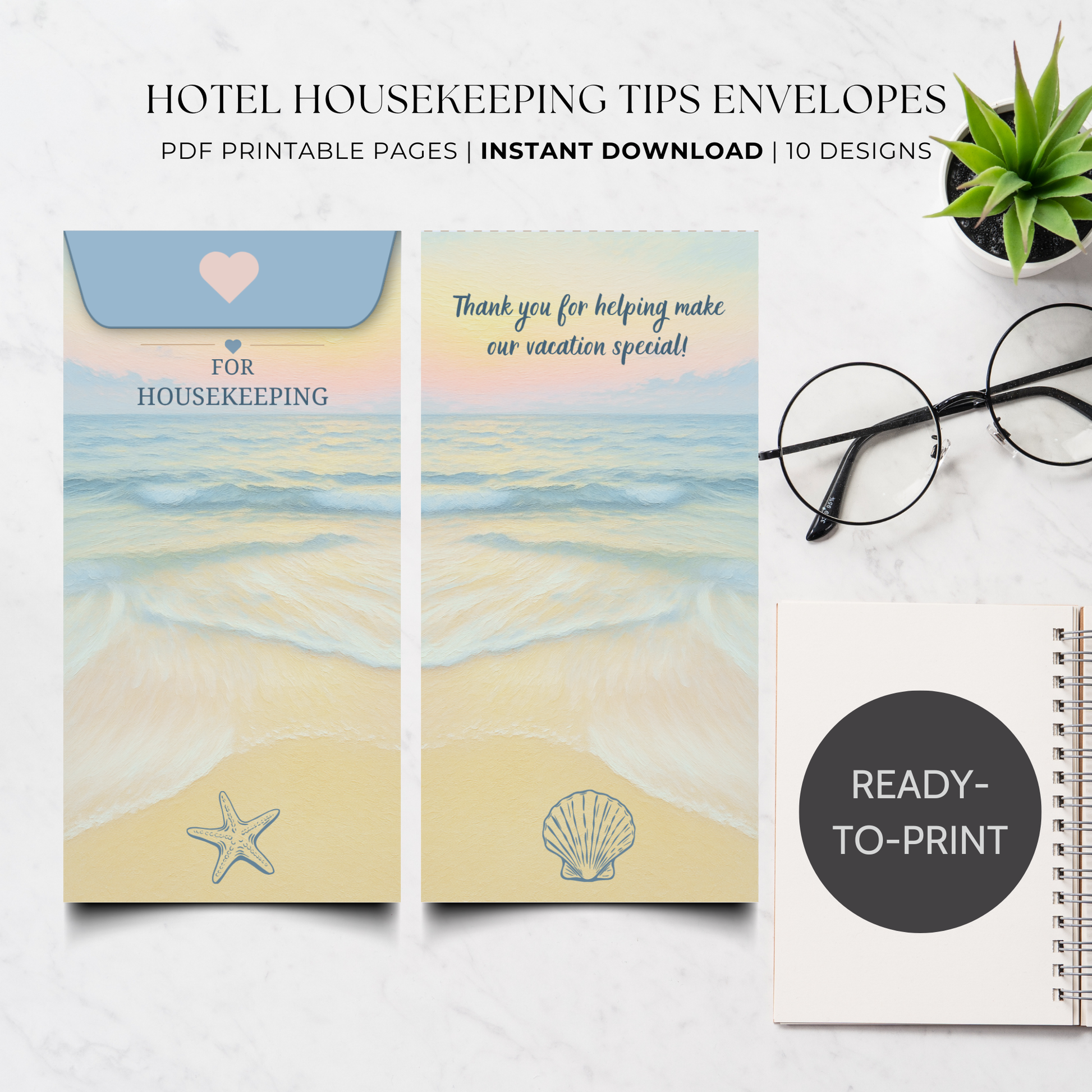 Printable bundle of 10 hotel housekeeping tip envelopes featuring botanical, minimalist, floral, beach, mountain lodge, family travel, luxury gold, heartfelt gratitude, and holiday-themed printable money holders for hotel staff appreciation.