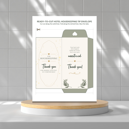 Printable bundle of 10 hotel housekeeping tip envelopes featuring botanical, minimalist, floral, beach, mountain lodge, family travel, luxury gold, heartfelt gratitude, and holiday-themed printable money holders for hotel staff appreciation.
