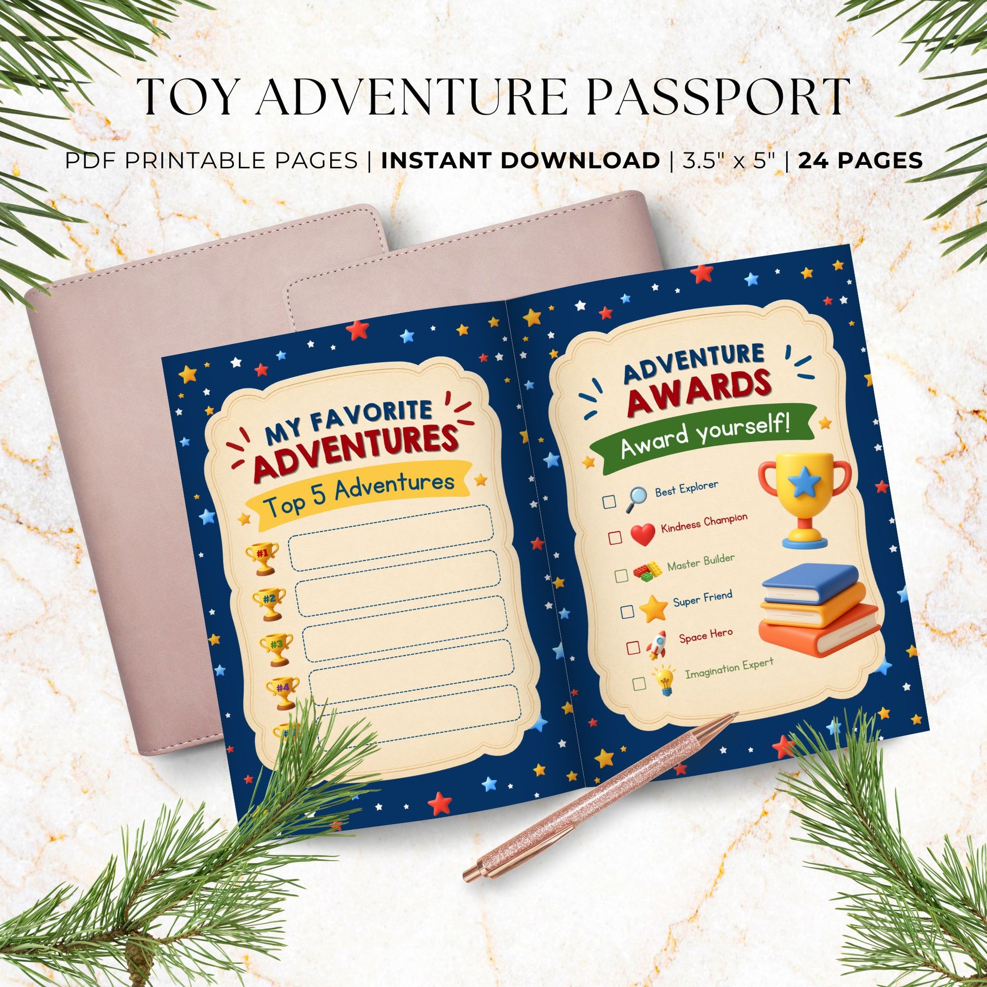 Toy Adventure Passport activity book featuring My Favorite Adventures ranking page and Adventure Awards checklist for celebrating achievements and imagination.