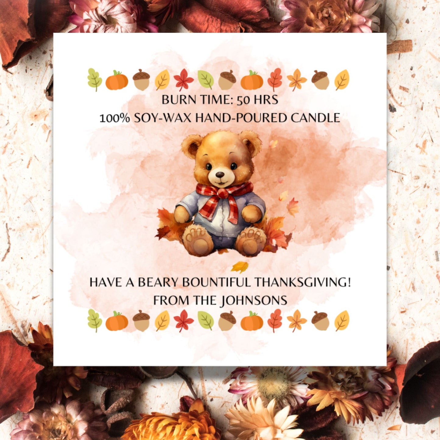 A set of 9 "Beary Bountiful Thanksgiving" themed Fall candle labels featuring charming bears, autumn leaves, and Thanksgiving motifs. The 2.75-inch square labels come as fixed designs with editable text for personal customization.