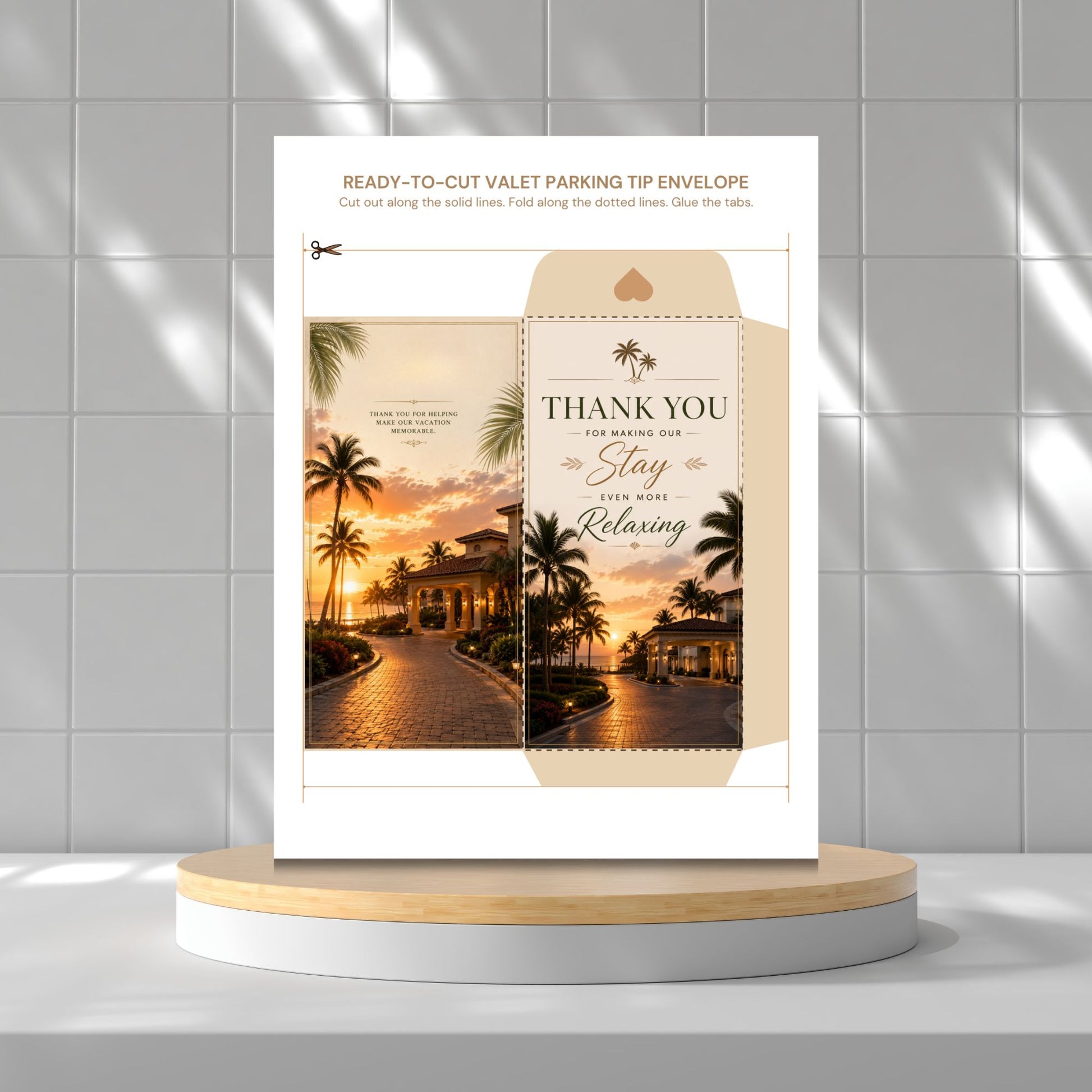 Printable bundle of 10 valet parking tip envelopes featuring luxury hotel, minimalist, wedding, holiday, business travel, tropical resort, classic car, and black-and-gold designs for valet attendant appreciation and gratuity presentation.