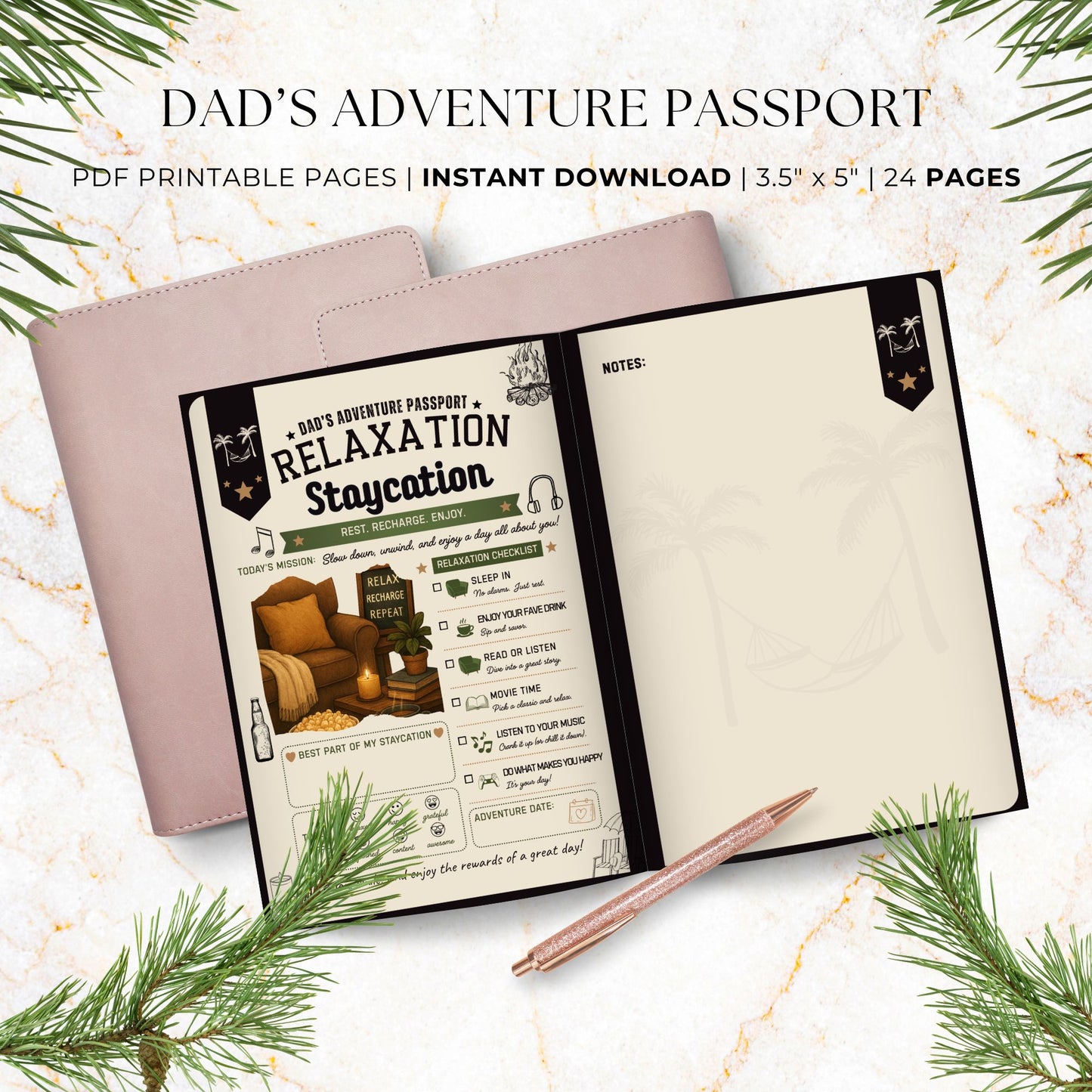 Dad's Adventure Passport printable Father's Day gift featuring 24 pages of family adventures, memory prompts, completion certificate, and printable booklet format for dads and kids.