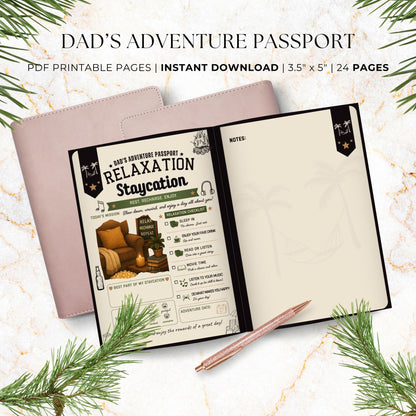 Dad's Adventure Passport printable Father's Day gift featuring 24 pages of family adventures, memory prompts, completion certificate, and printable booklet format for dads and kids.