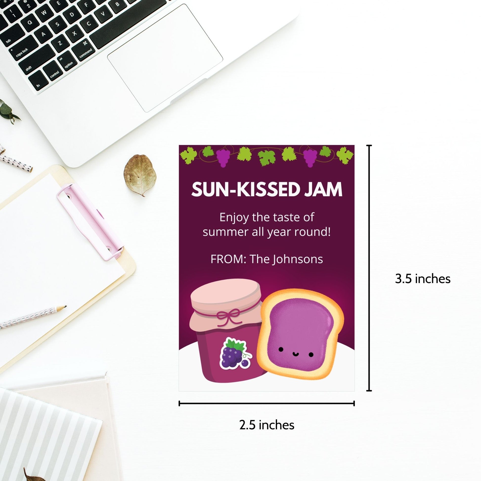 Charming gift tags featuring a colorful jam and toast design with the text "Sun-Kissed Jam. Enjoy the taste of summer all year round!" Personalize with names and messages.